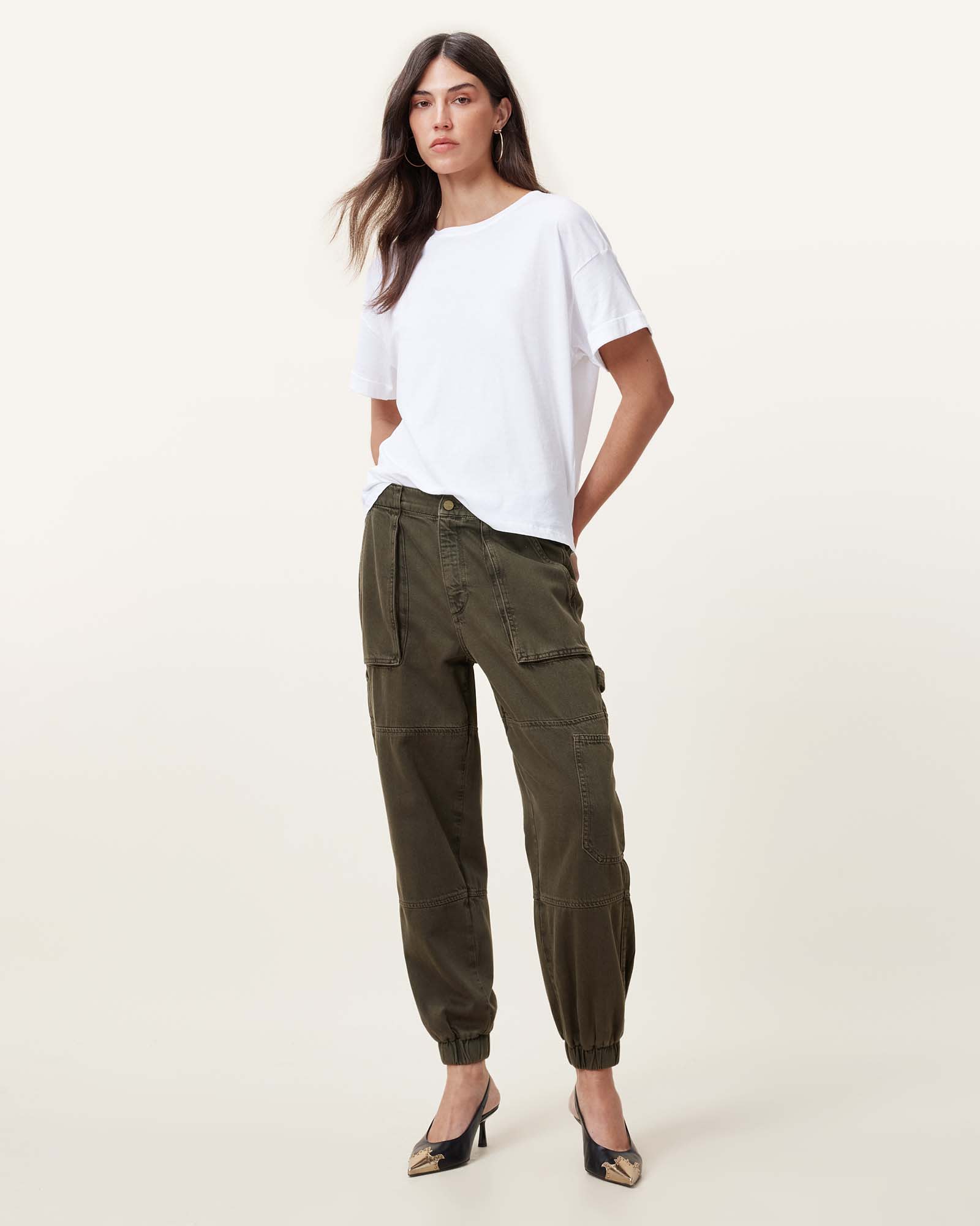 Mila Tapered Denim Cargo Trousers KHAKI GREEN | ALLSAINTS Canada