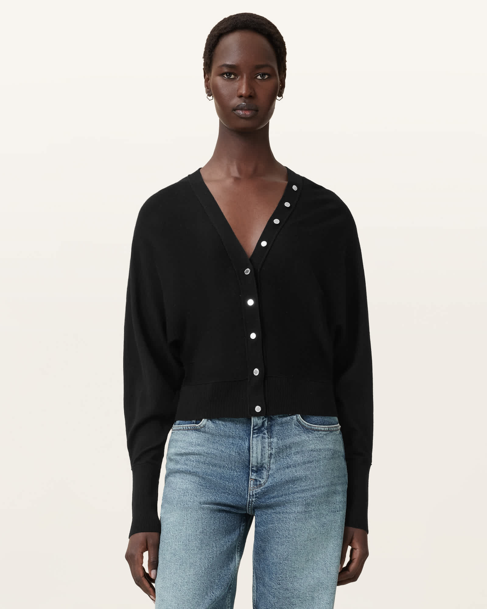 Allsaints Honor V Merino Wool Cardigan In Black
