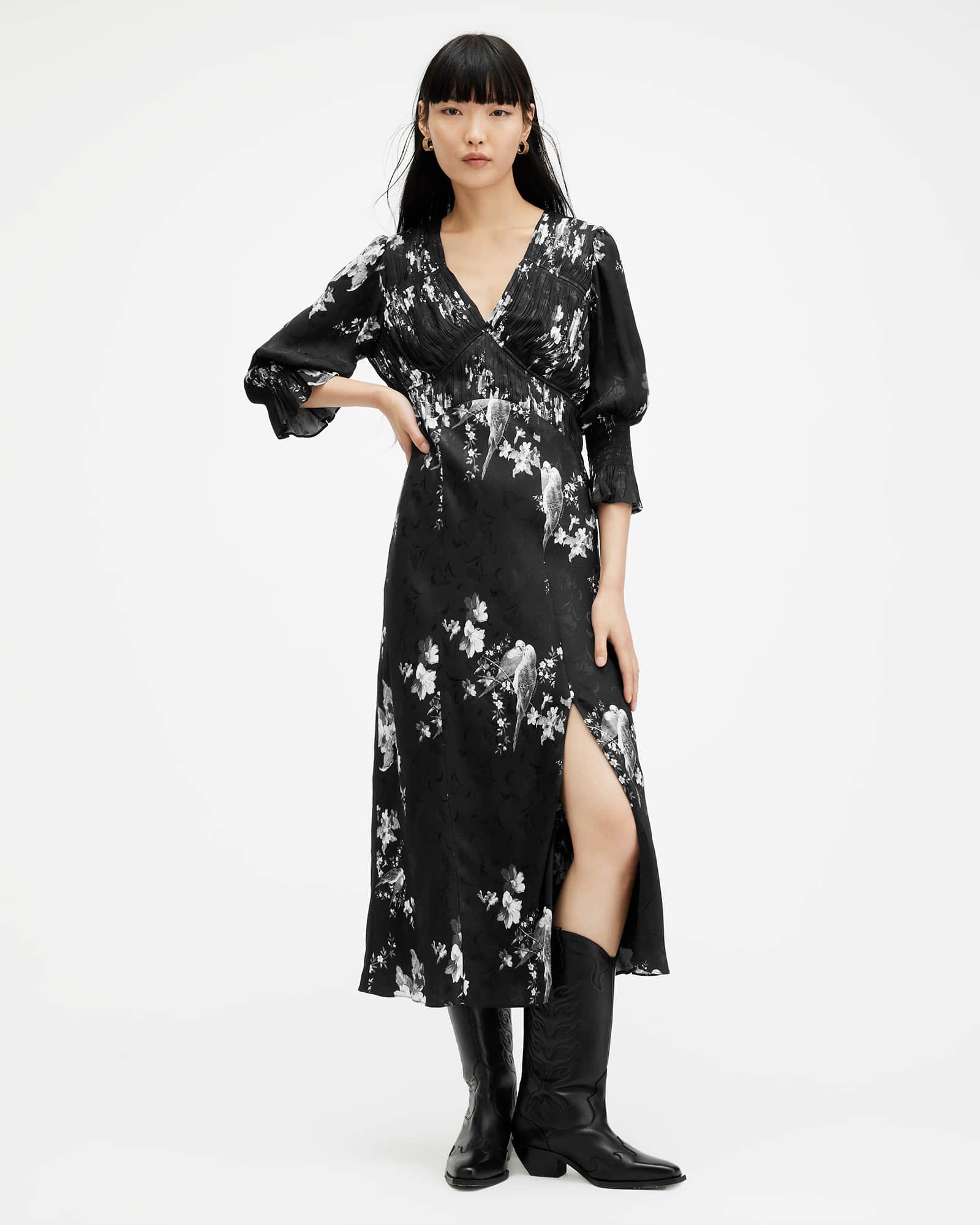 i*2様 Checked Jacquard Volume Sleeve Dres Ani Iona Jacquard V-Neck Midi Dress Black | ALLSAINTS US
