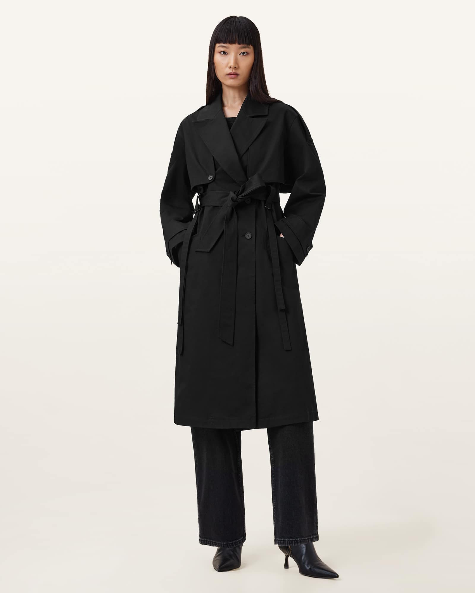 Cadence Relaxed Fit Trench Coat Black | ALLSAINTS Canada