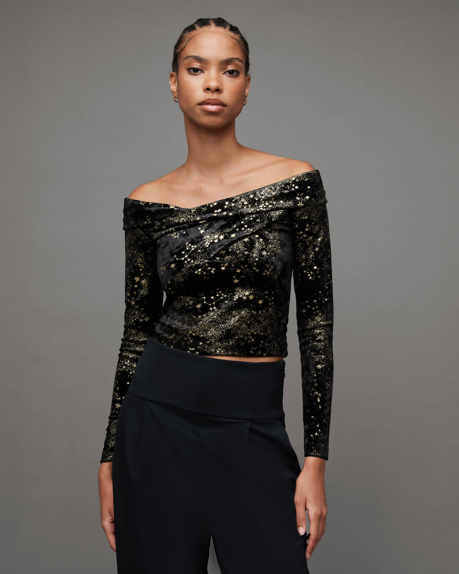 Delta Star Off Shoulder Velvet Top BLACK GOLD | ALLSAINTS US