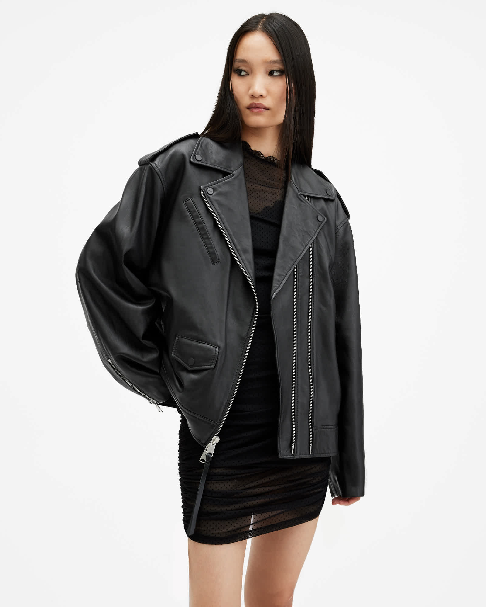 Daylen Oversized Leather Biker Jacket Black | ALLSAINTS