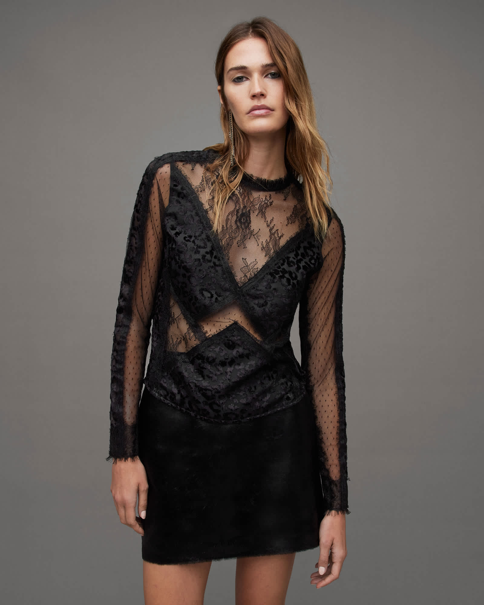 Mila Lace Trim Leopard Print Mesh Top Black | ALLSAINTS US