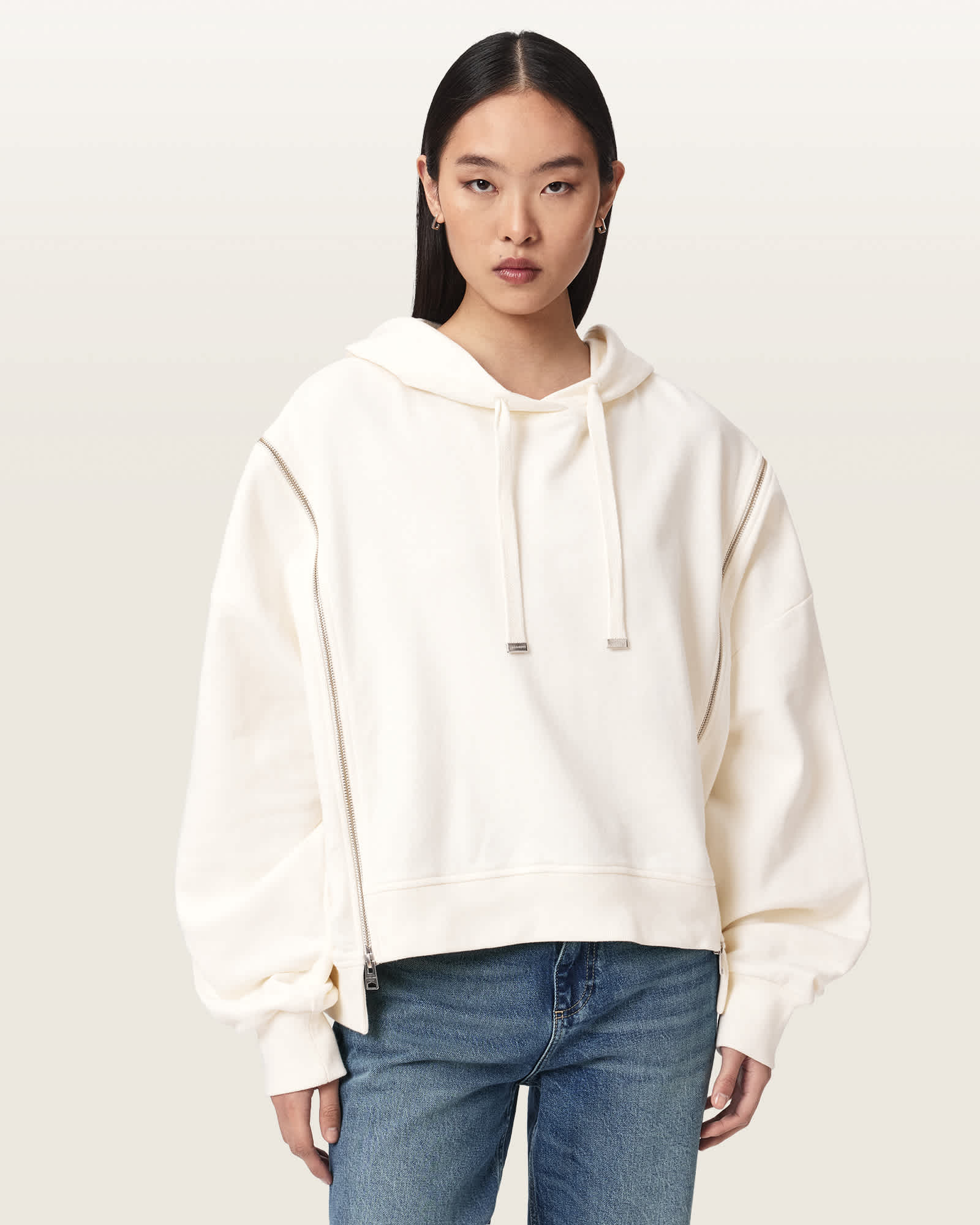Ciara Oversized Zip Detail Hoodie FOSSIL WHITE | ALLSAINTS US