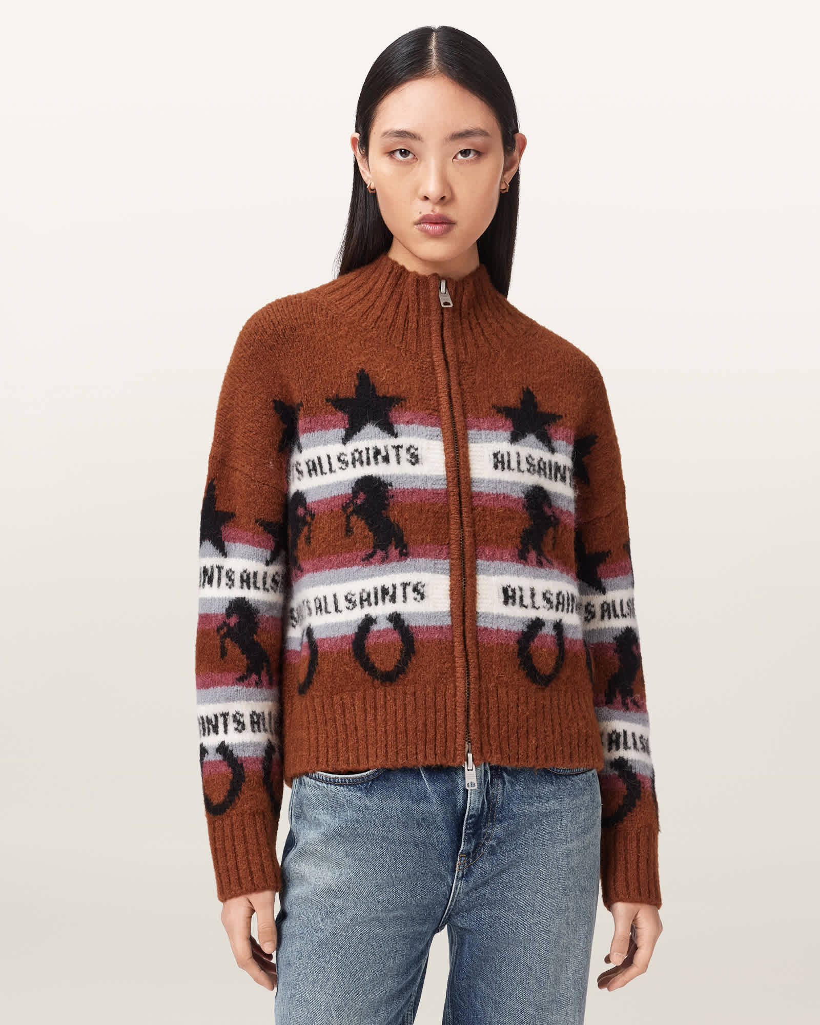 Epona Jacquard Cardigan COGNAC BROWN | ALLSAINTS US