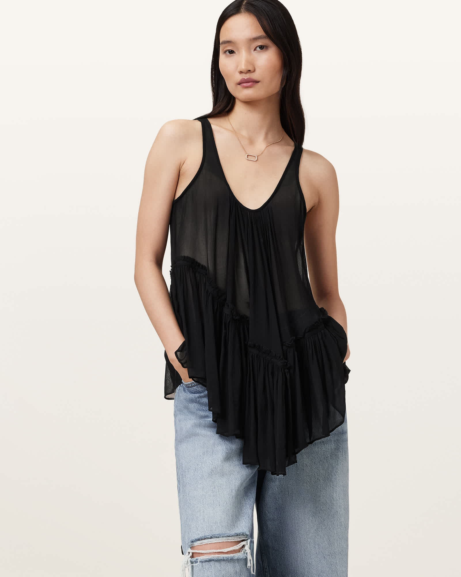Shop the She's Unstoppable Ruffle Trim Mesh Top Pewter Grey