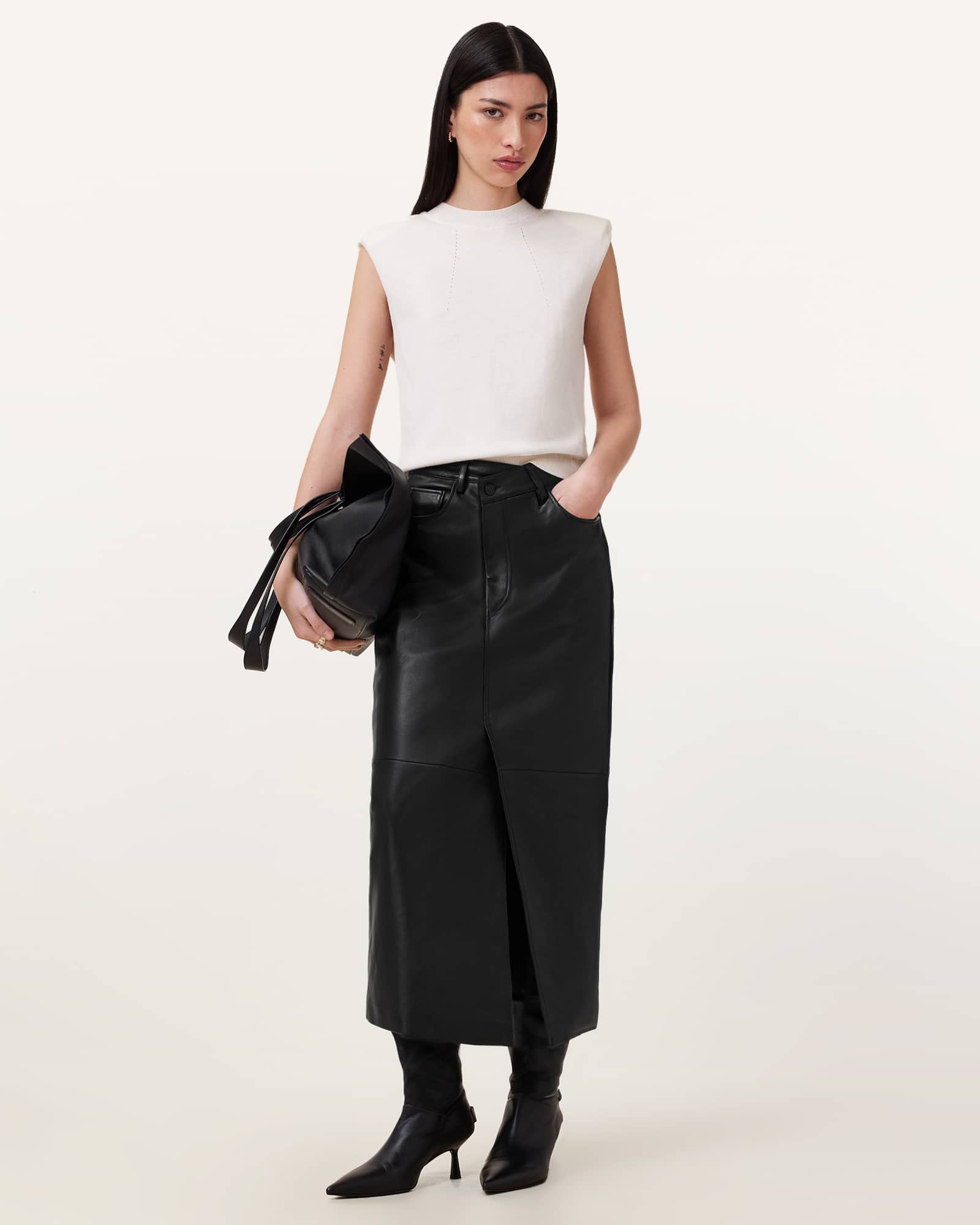 Eden Leather Midi Skirt Black | ALLSAINTS