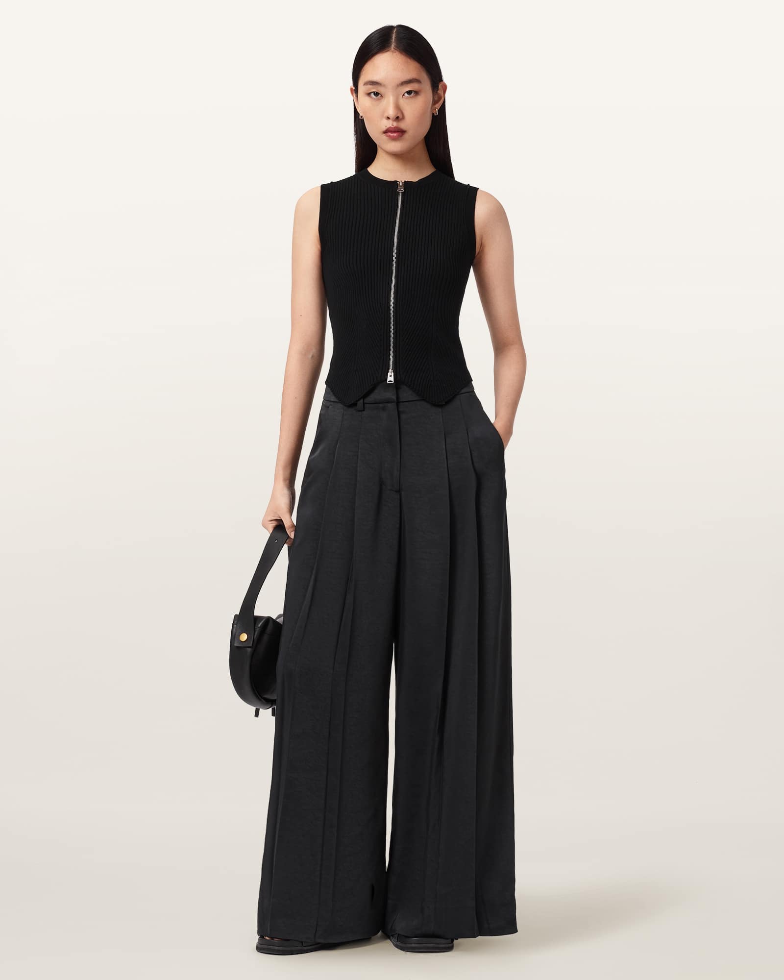 Poppy Satin Straight Leg Trousers Black | ALLSAINTS