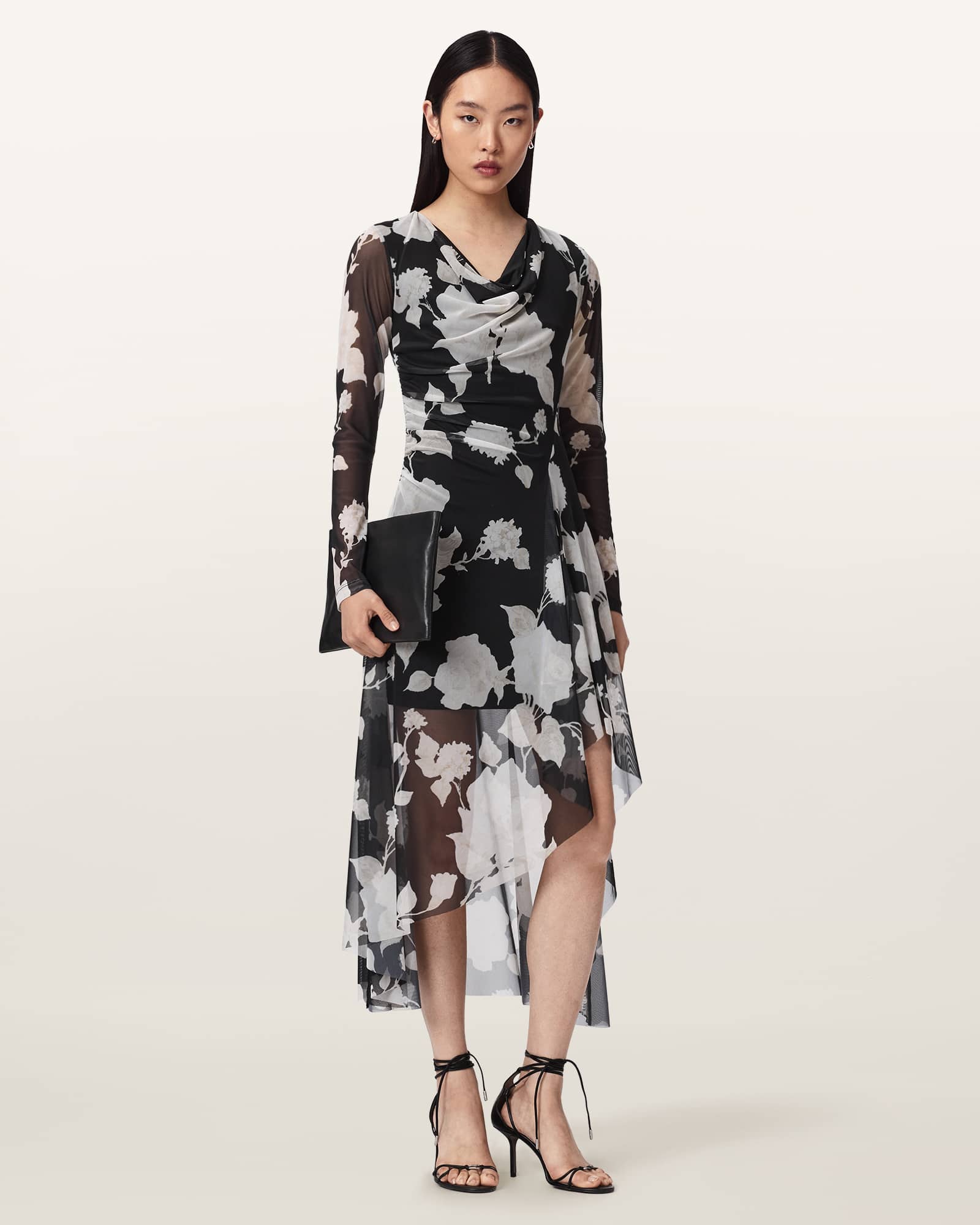 Loria Draped Mesh Midi Dress FLEURZ BLACK | ALLSAINTS US