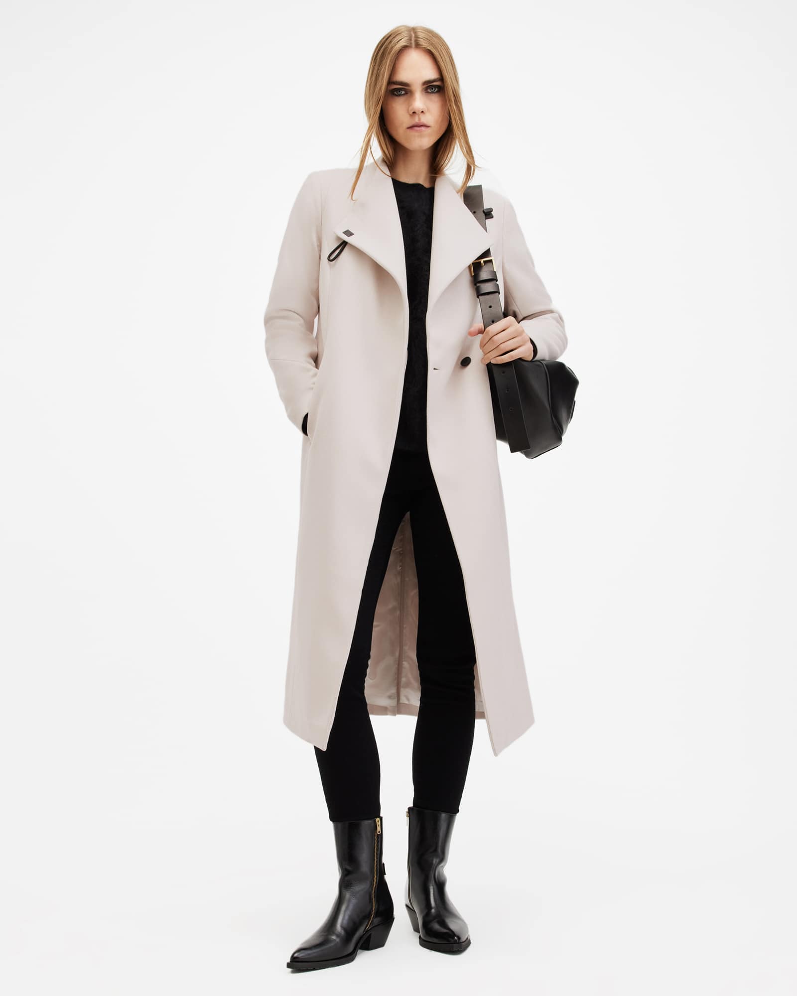 WHITE LINE　Oliled Cotton Down Coat　ブラック Riley Wrap Around Belted Long Line Coat DESERT WHITE