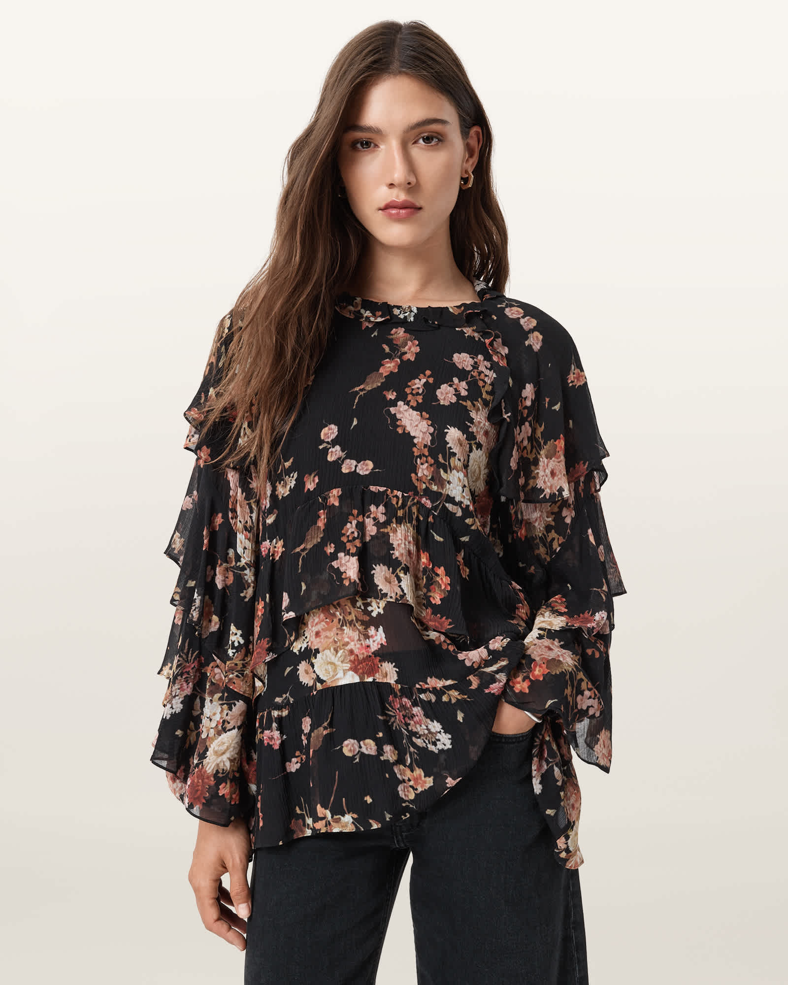 Lissie Floral Print Ruffled Top ARMADA BLACK | ALLSAINTS US