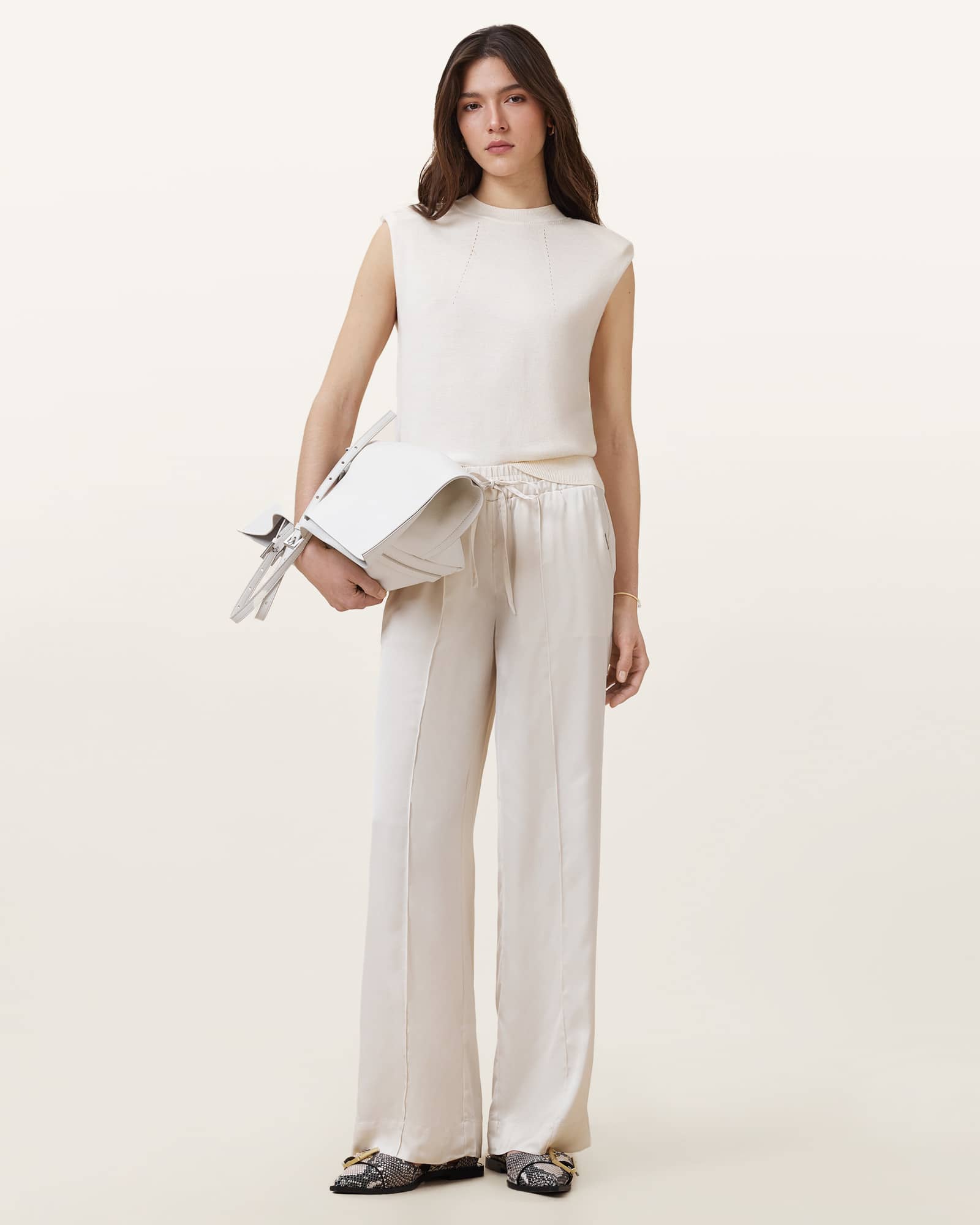 Alba Satin Wide Leg Trousers TOFU WHITE | ALLSAINTS Canada