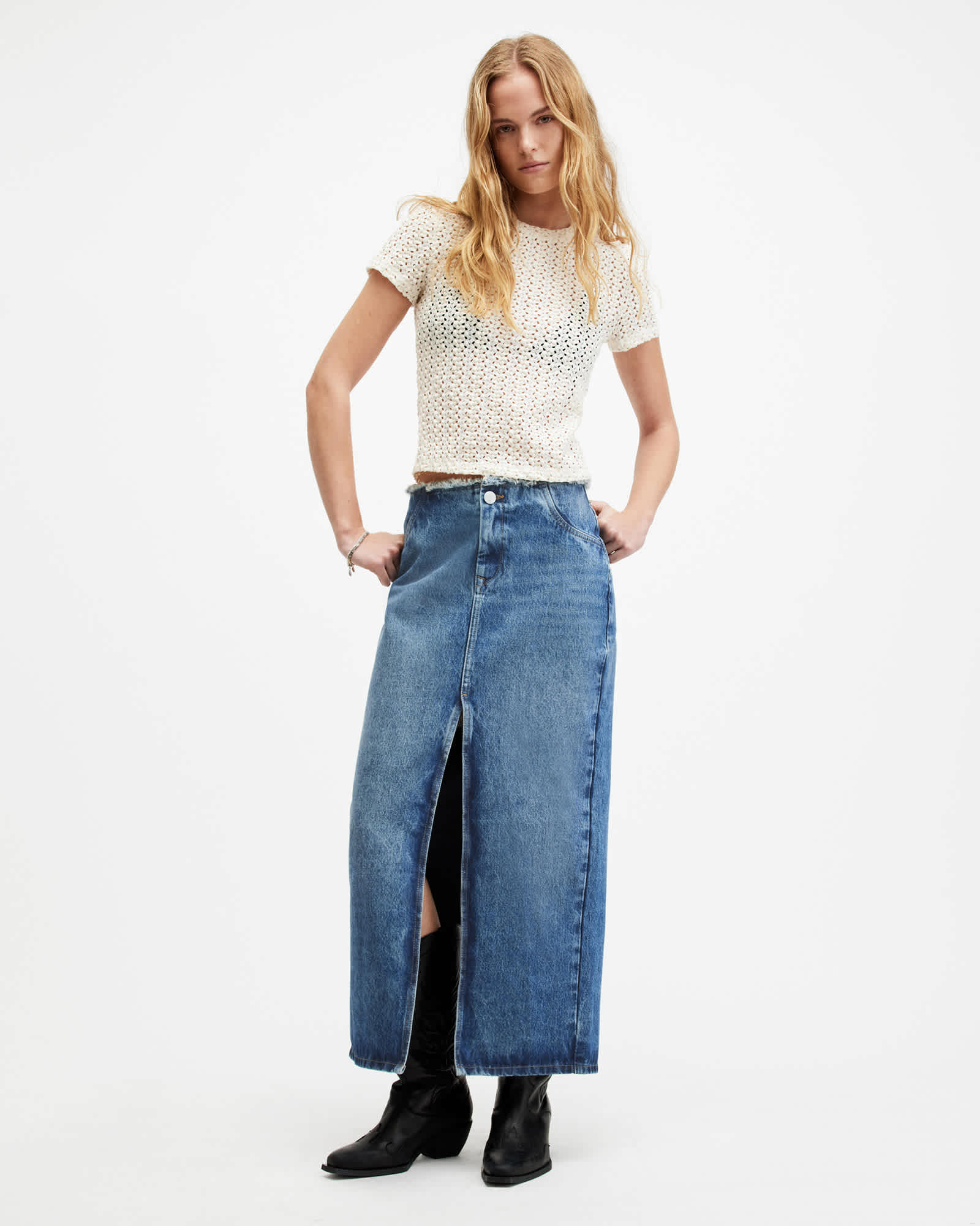 Cyra Frayed Waistband Maxi Denim Skirt Mid Indigo | ALLSAINTS Cyra Frayed Waistband Maxi Denim Skirt Mid Indigo | ALLSAINTS