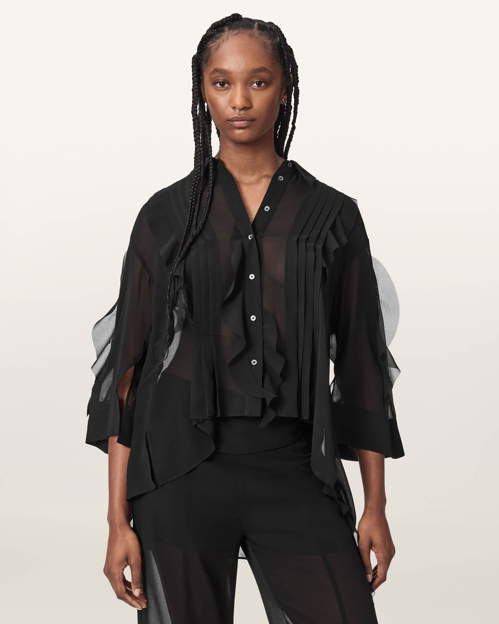 Minna Sheer Frill Shirt Black | ALLSAINTS US