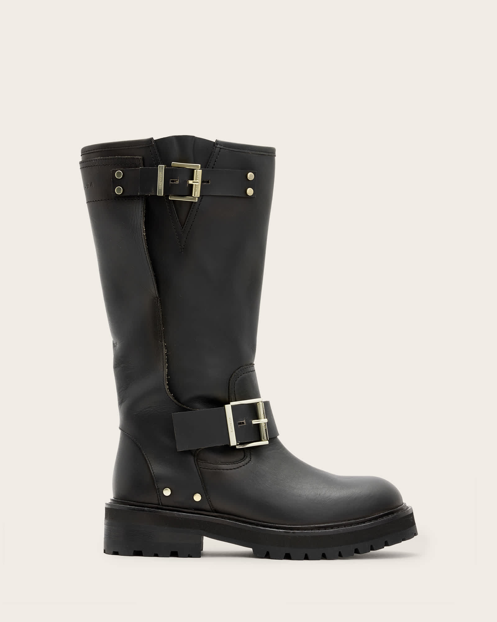Tay Calf Length Leather Biker Boots BLACK/WARM BRASS