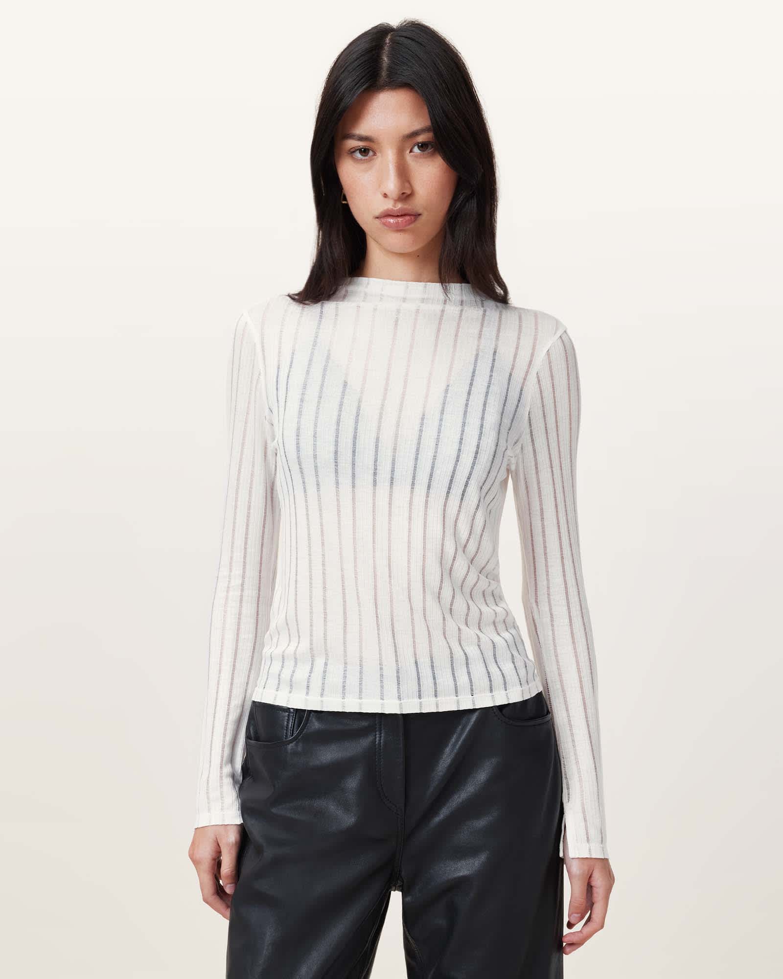 Aki Long Sleeve Funnel Neck T-Shirt Chalk White | ALLSAINTS US Aki Long Sleeve Funnel Neck T-Shirt Chalk White | ALLSAINTS US