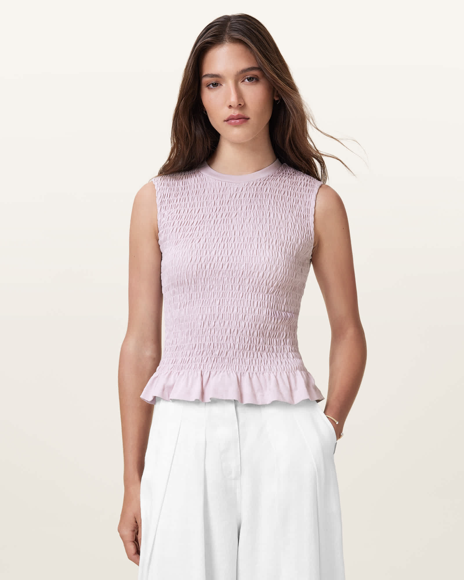 Ode Smocked Sleeveless Tank Top LILAC ASH PINK | ALLSAINTS US