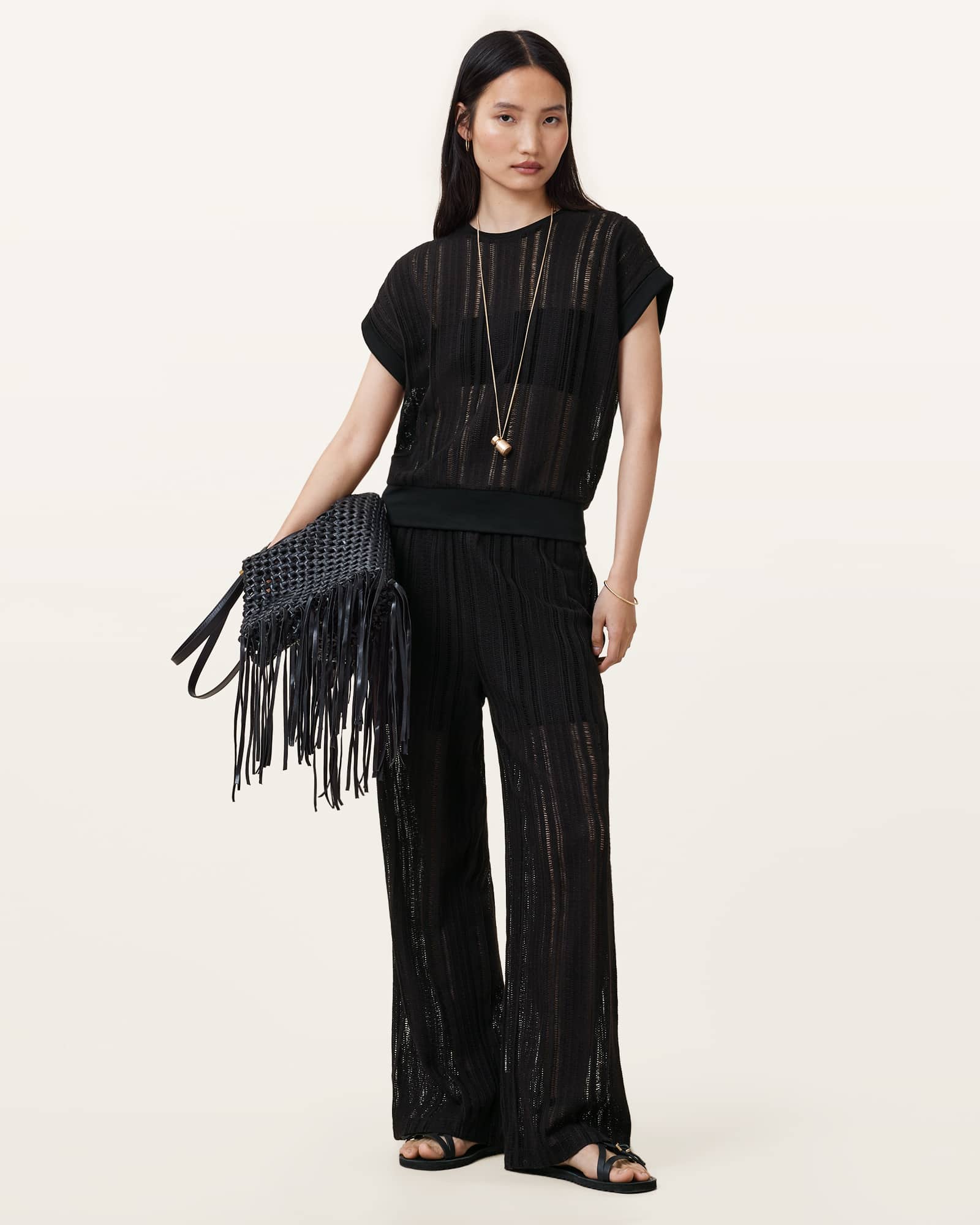Giana Crochet Ladder Wide Leg Pants Black | ALLSAINTS US