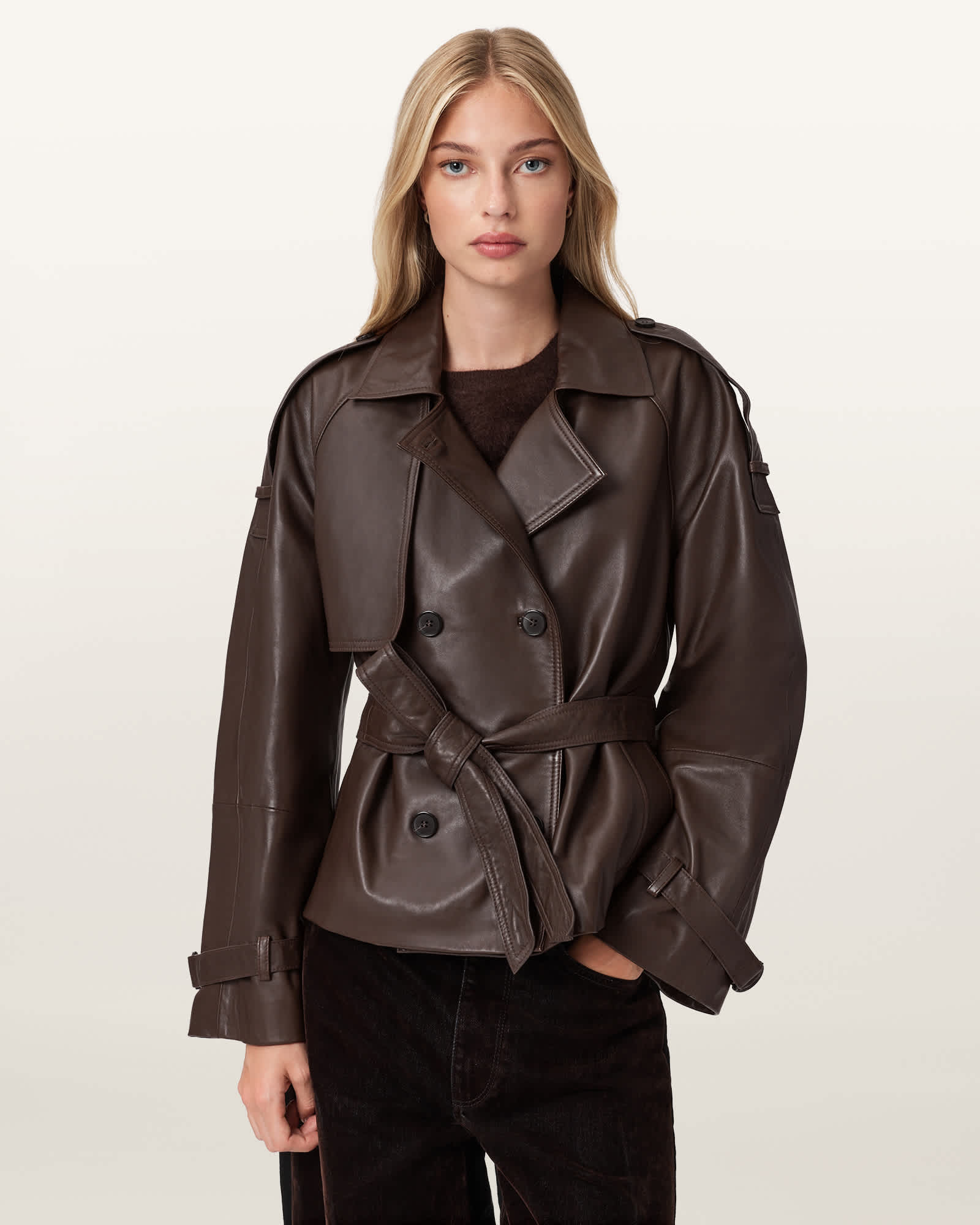 Reed Cropped Leather Trench Bitter Brown | ALLSAINTS US