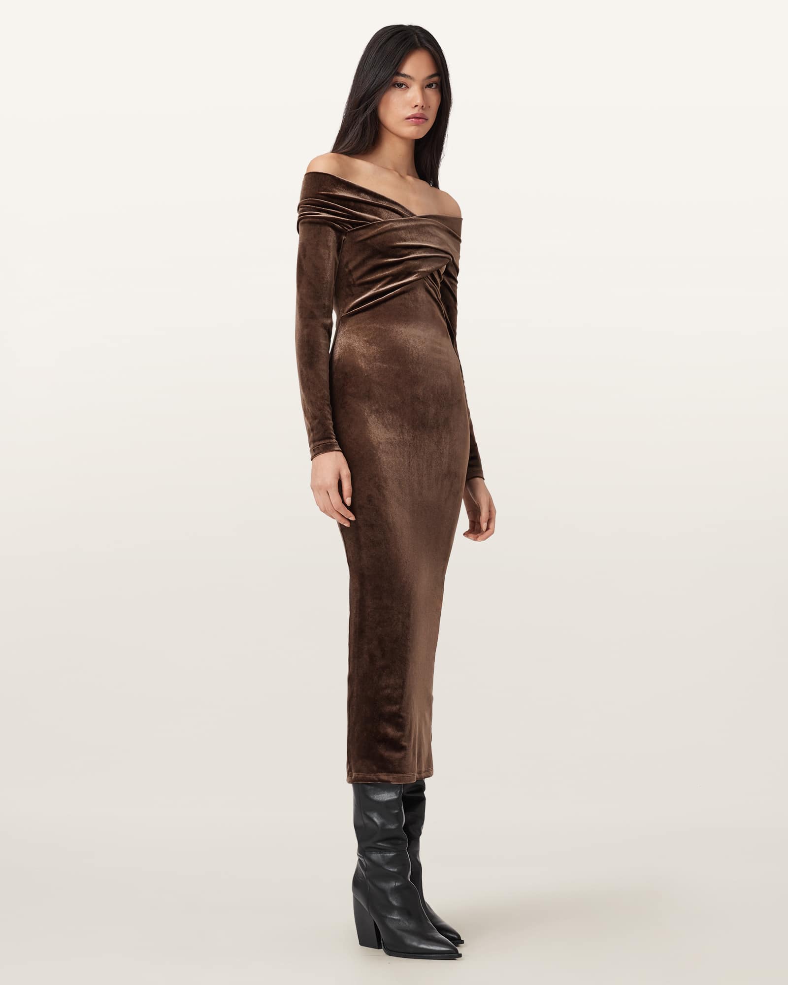 Delta Velvet Midi Dress Bitter Brown | ALLSAINTS US