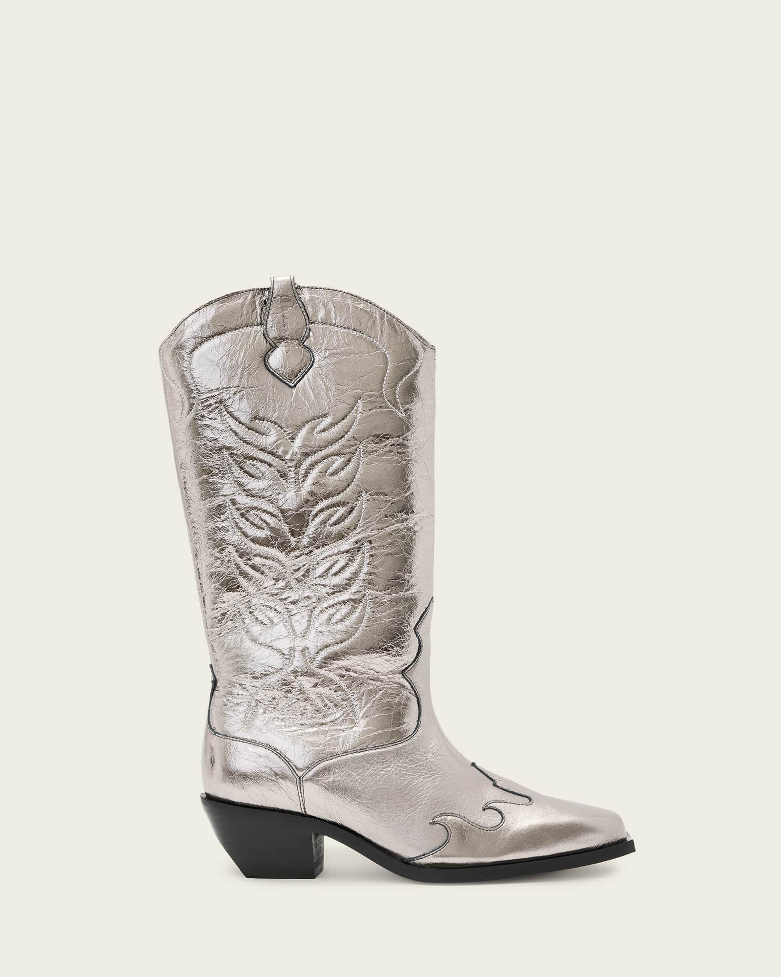 Dolly Western Leather Boots Gunmetal Grey | ALLSAINTS US