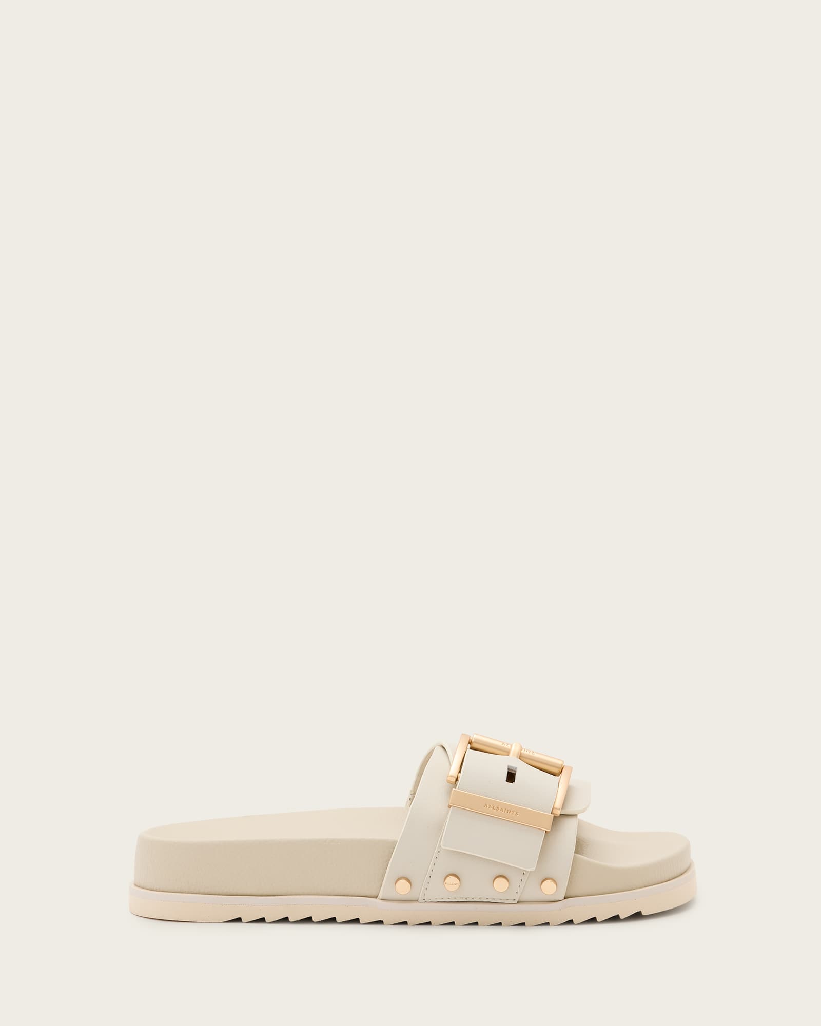 Ellie Studded Buckle Leather Sliders Chalk White | ALLSAINTS US