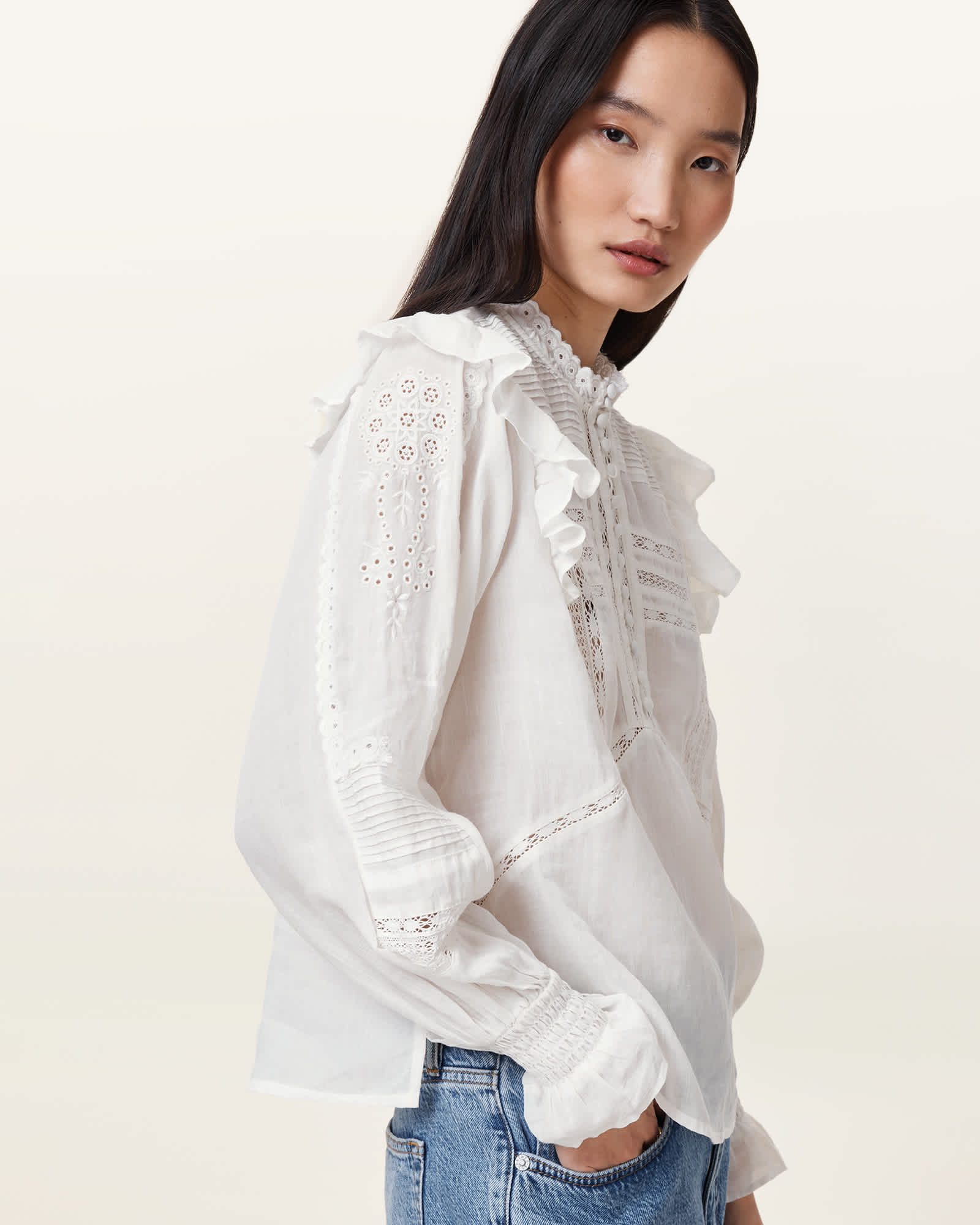 Heather Long Sleeve Lace Trimmed Top Chalk White | ALLSAINTS
