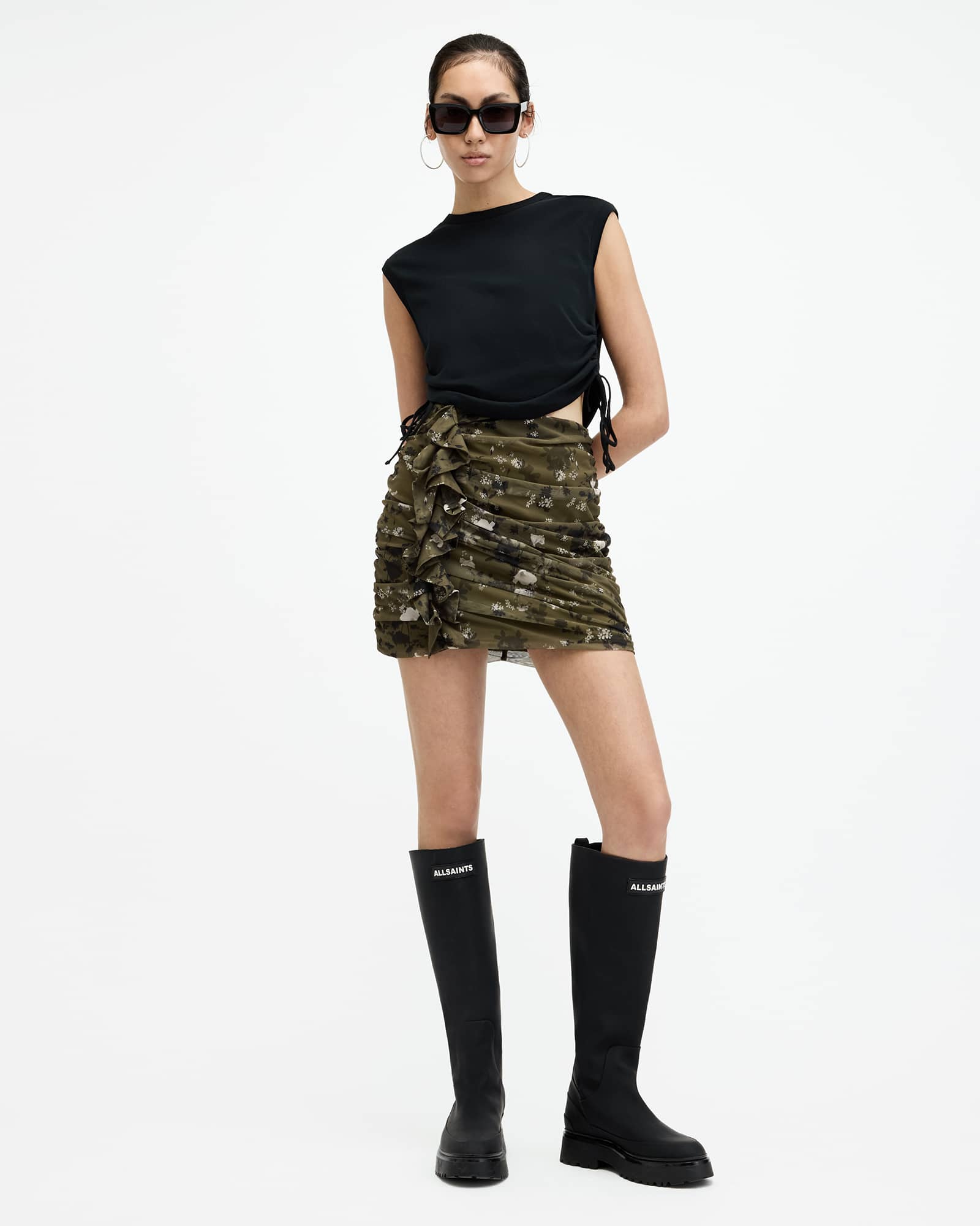Gloria Mesh Floral Print Kora Mini Skirt KHAKI GREEN