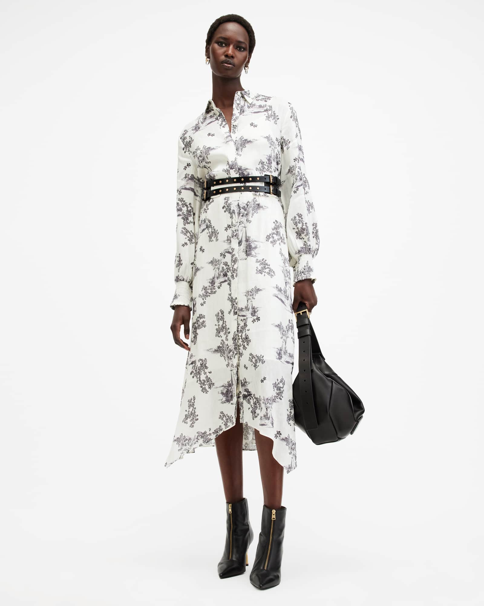 Betty Asymmetric Floral Print Sky Midi Dress