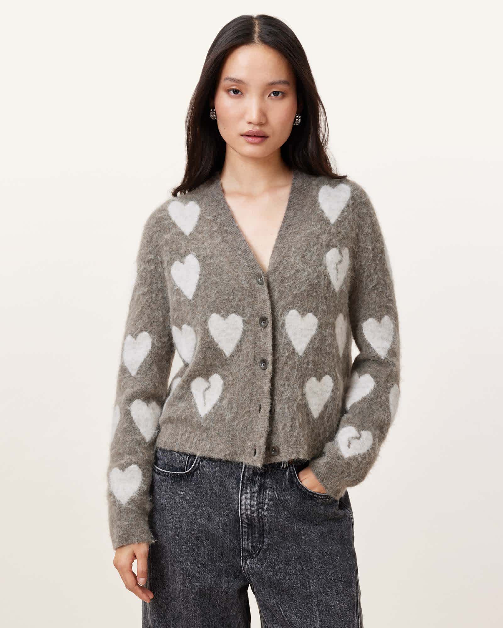 Amora Love Heart Jacquard Brushed Cardigan WALNUT BROWN/GREY