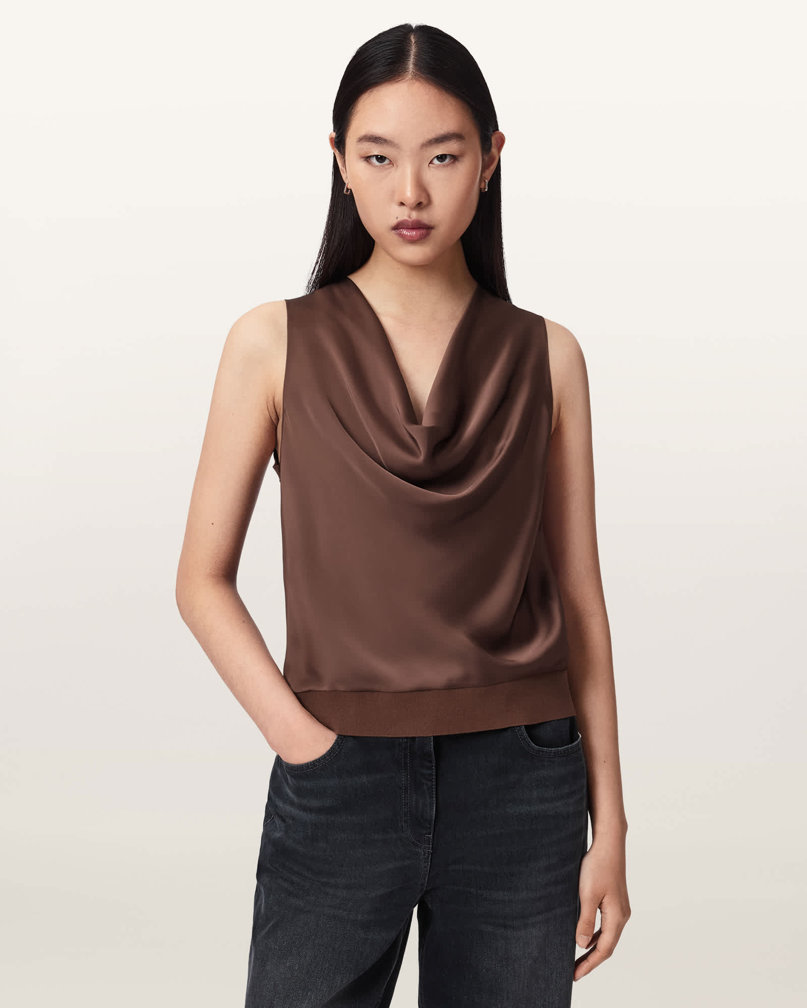 Zoey Sleeveless Cowl Neck Tank Top PENNY BROWN | ALLSAINTS Canada