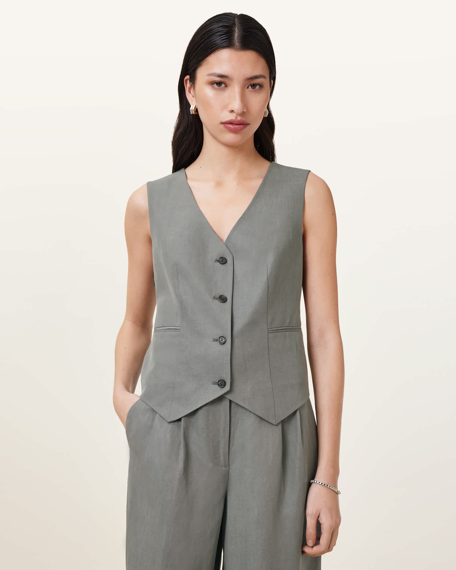 Averie Tencel Relaxed Fit Linen Blend Waistcoat Grey | ALLSAINTS