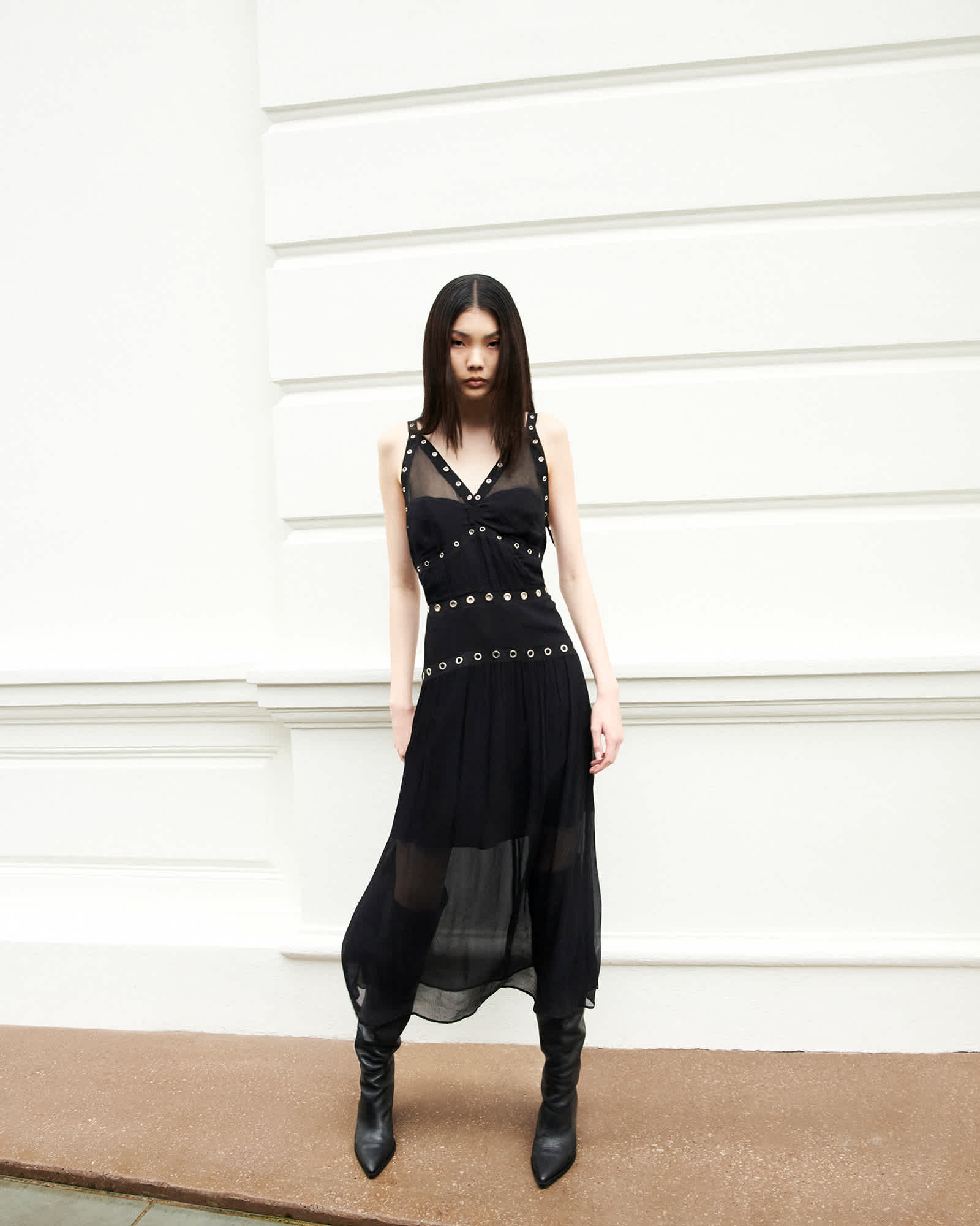 Zita V-Neck Eyelet Trim Midi Dress Black | ALLSAINTS