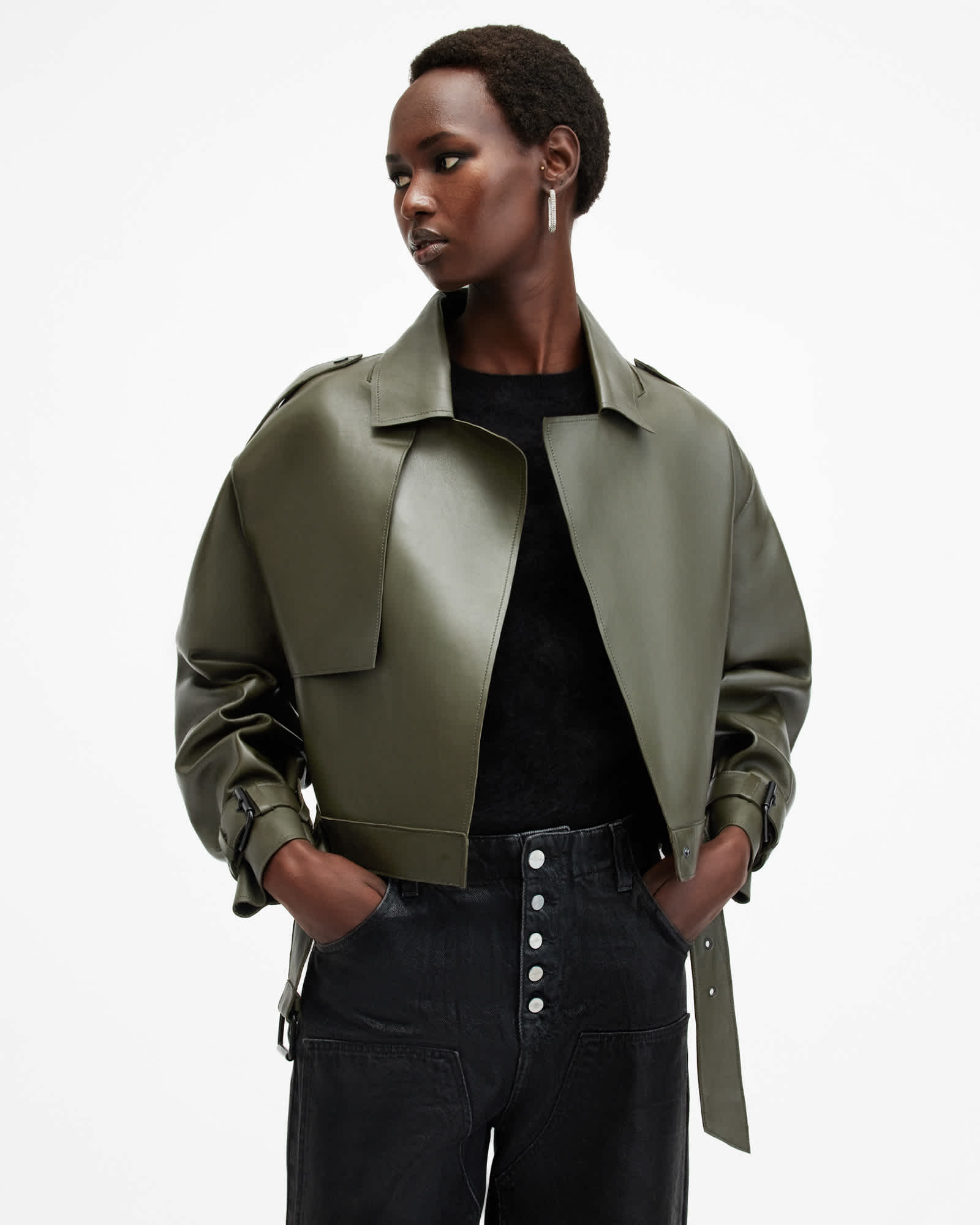 Ophelia Cropped Bonded Leather Jacket KHAKI GREEN | ALLSAINTS US