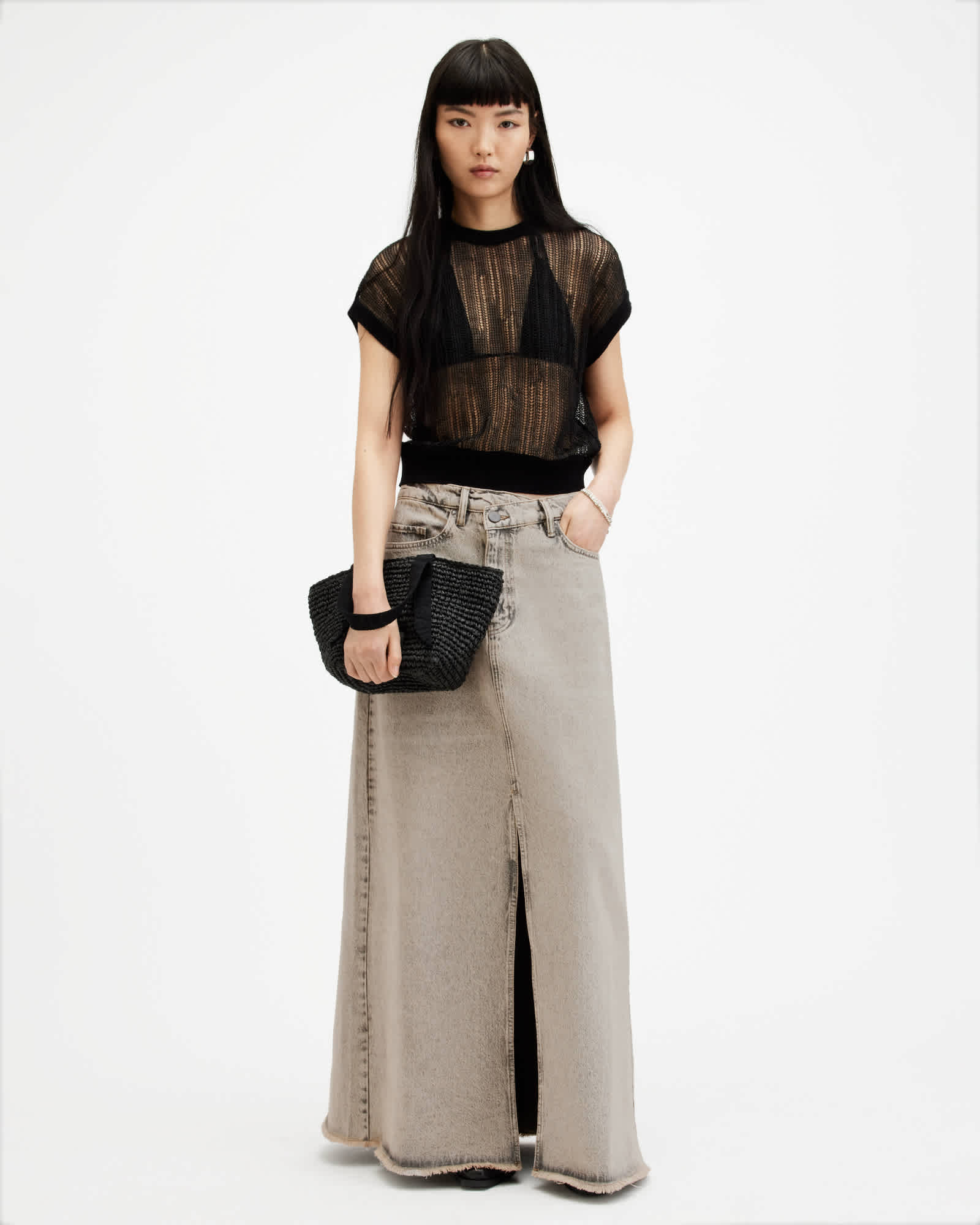 【PORTERNA】Cross denim long skirt Piper A-line Long Denim Maxi Skirt – Inherit Co.