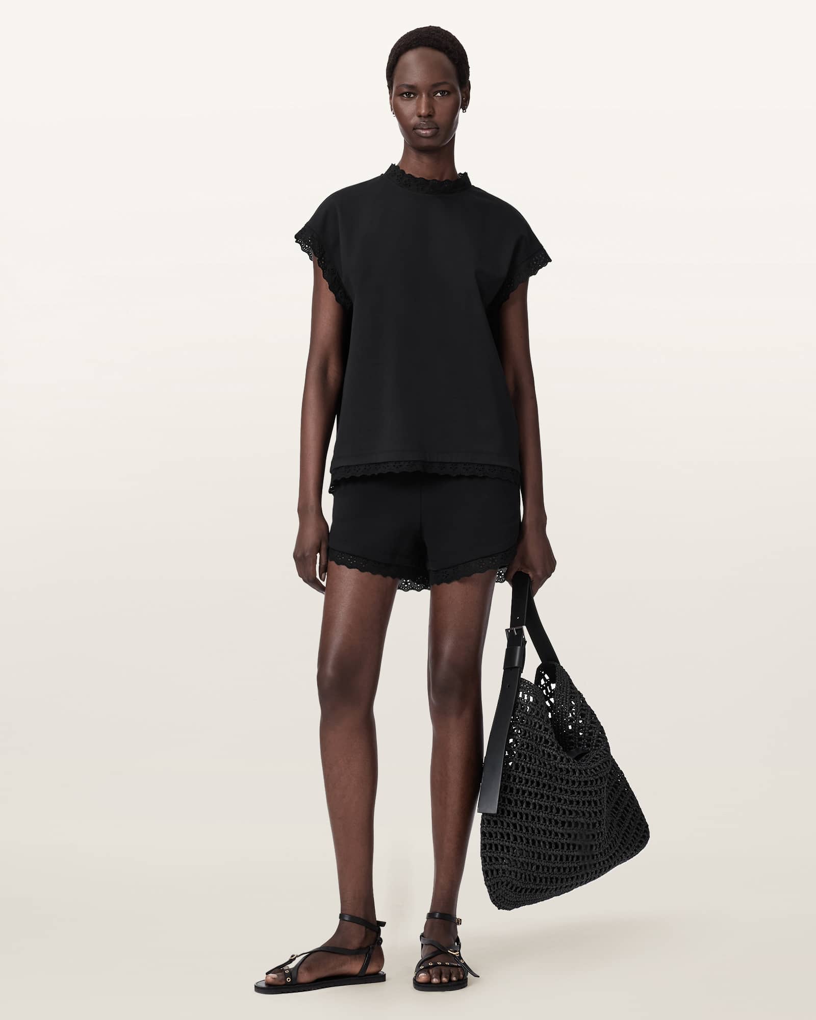 Lele Straight Fit Lace Trim Shorts Black | ALLSAINTS Canada