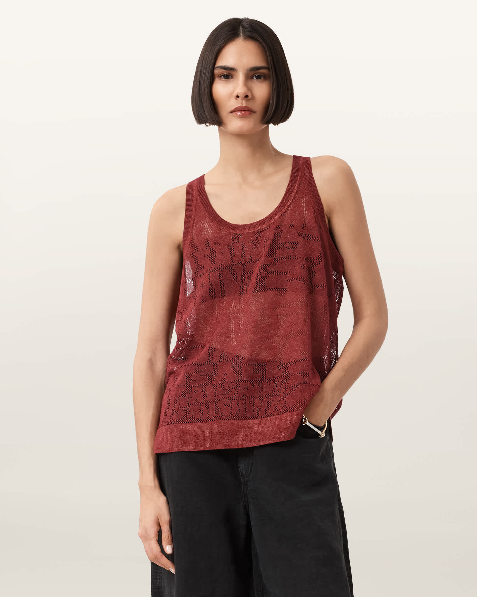 Allsaints Womens Kaito Branded-jacquard Knitted Tank Top Rosewood Red