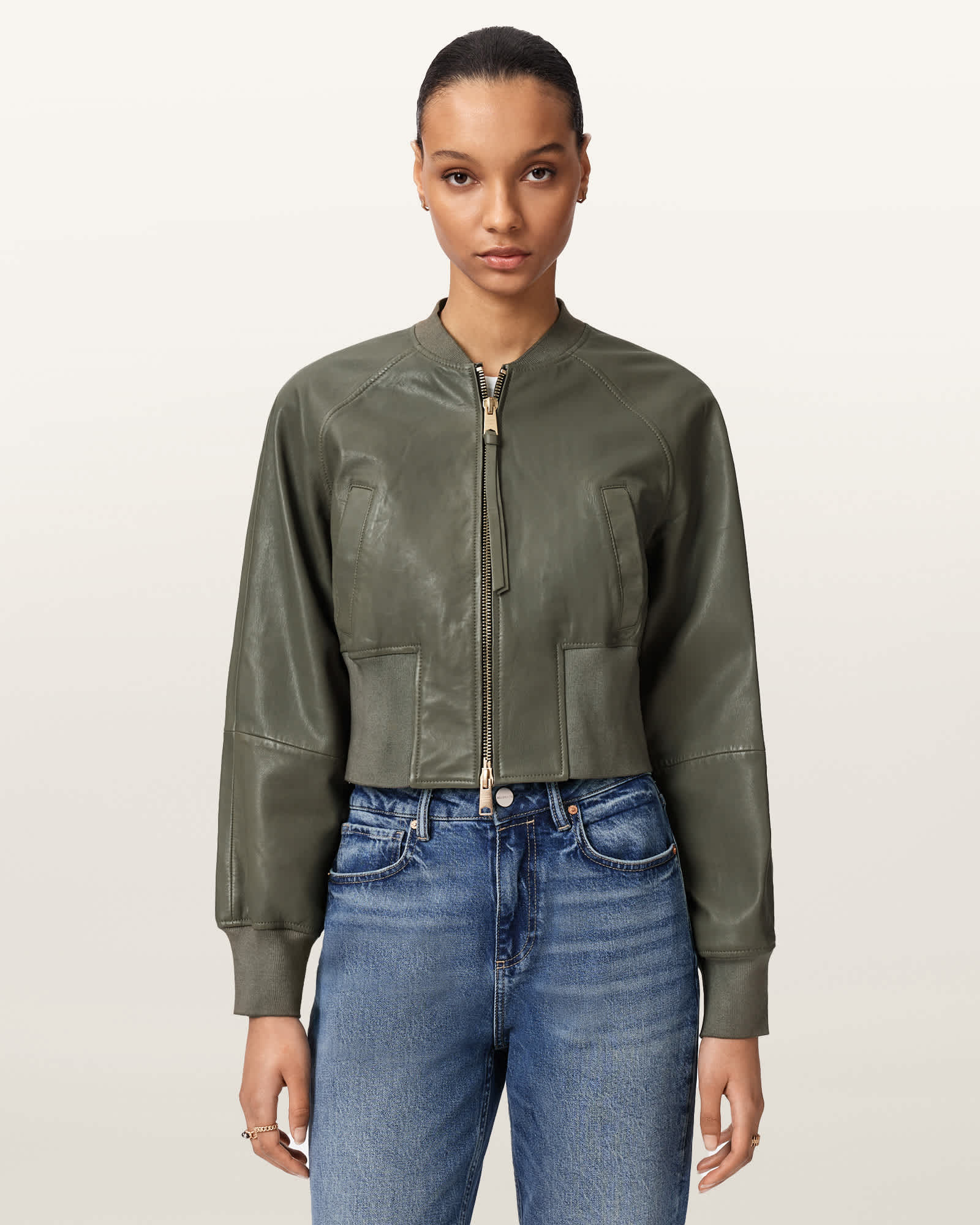 Suri Cropped Leather Bomber Jacket CALEDONE GREEN | ALLSAINTS