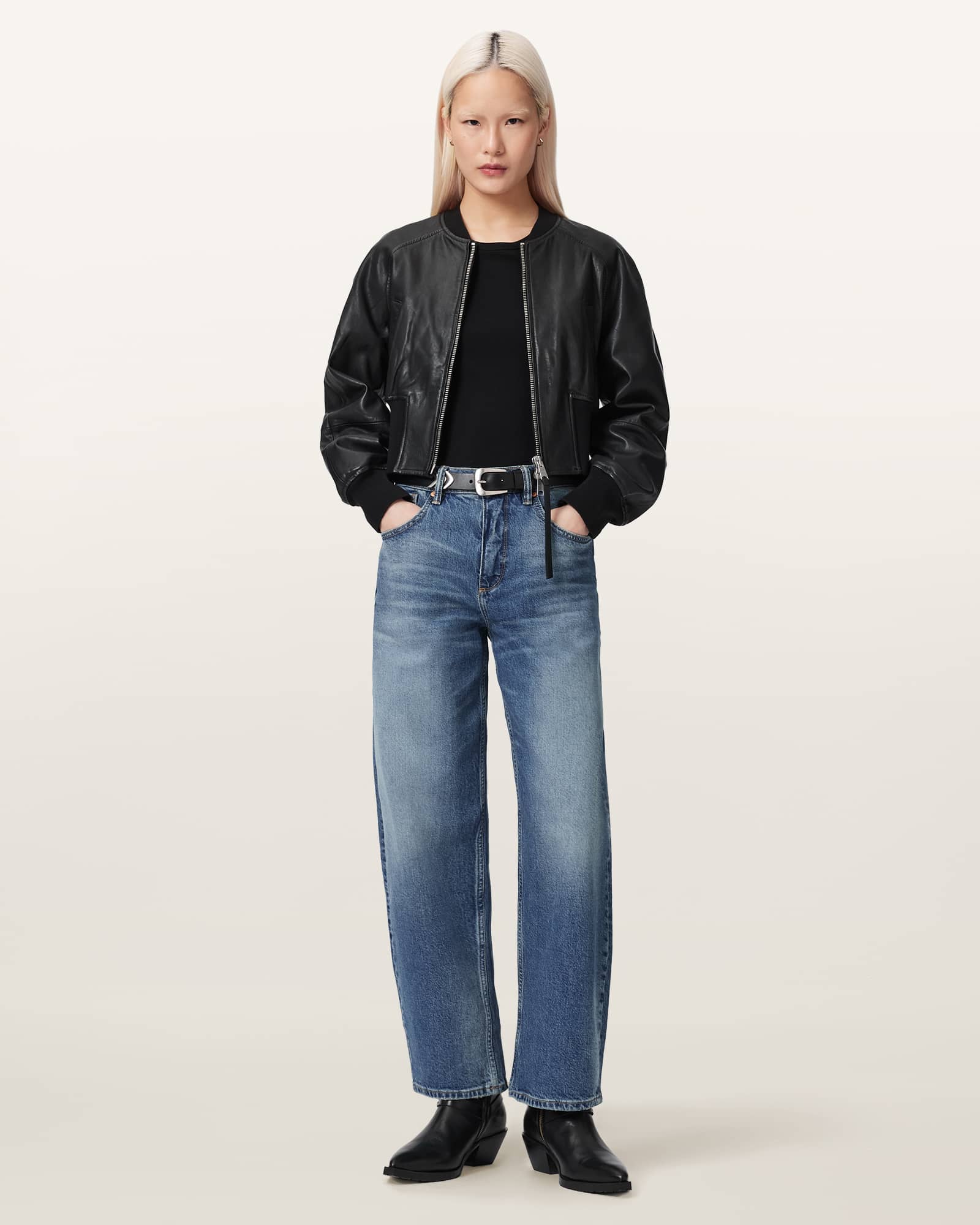 Suri Cropped Leather Bomber Jacket Black | ALLSAINTS