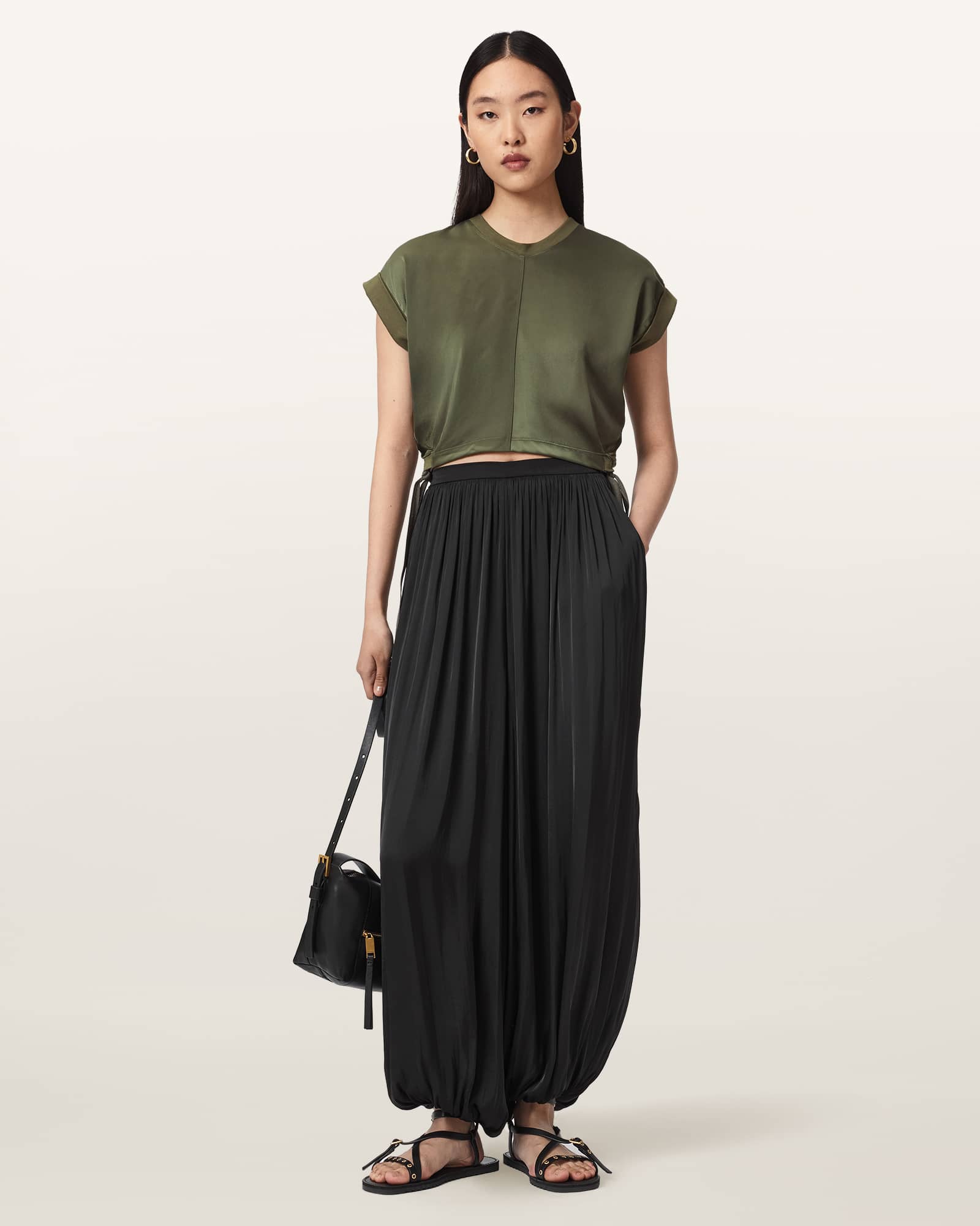 Mira Cropped Satin Drawcord T-Shirt WILD GREEN | ALLSAINTS US