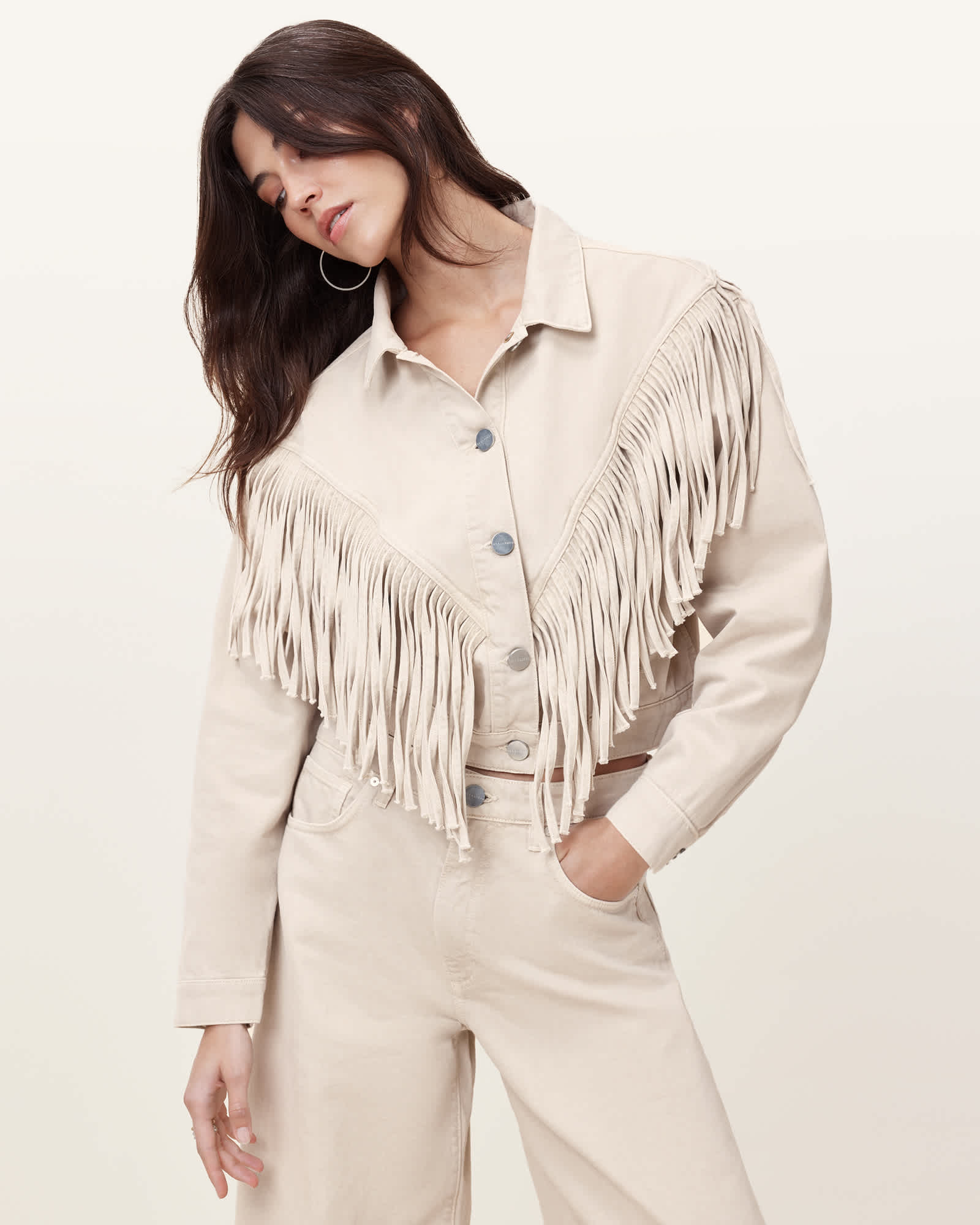 Marlene Fringed Denim Jacket CREAM WHITE | ALLSAINTS US Marlene Fringed Denim Jacket CREAM WHITE | ALLSAINTS US