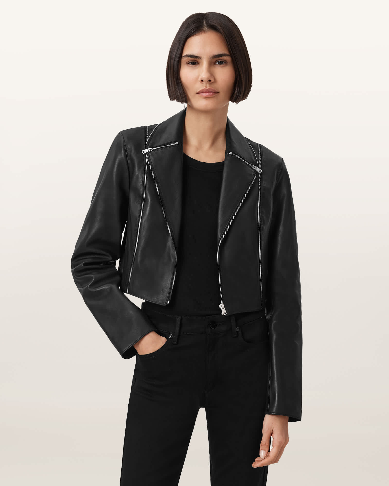Landers Slim Fit Leather Biker Jacket Black | ALLSAINTS US