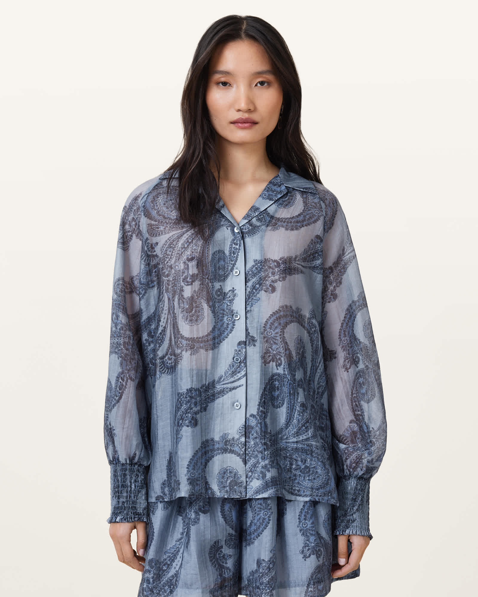 Allsaints Womens Isla Paisley-print Lyocell-blend Shirt Lita Denim Blu