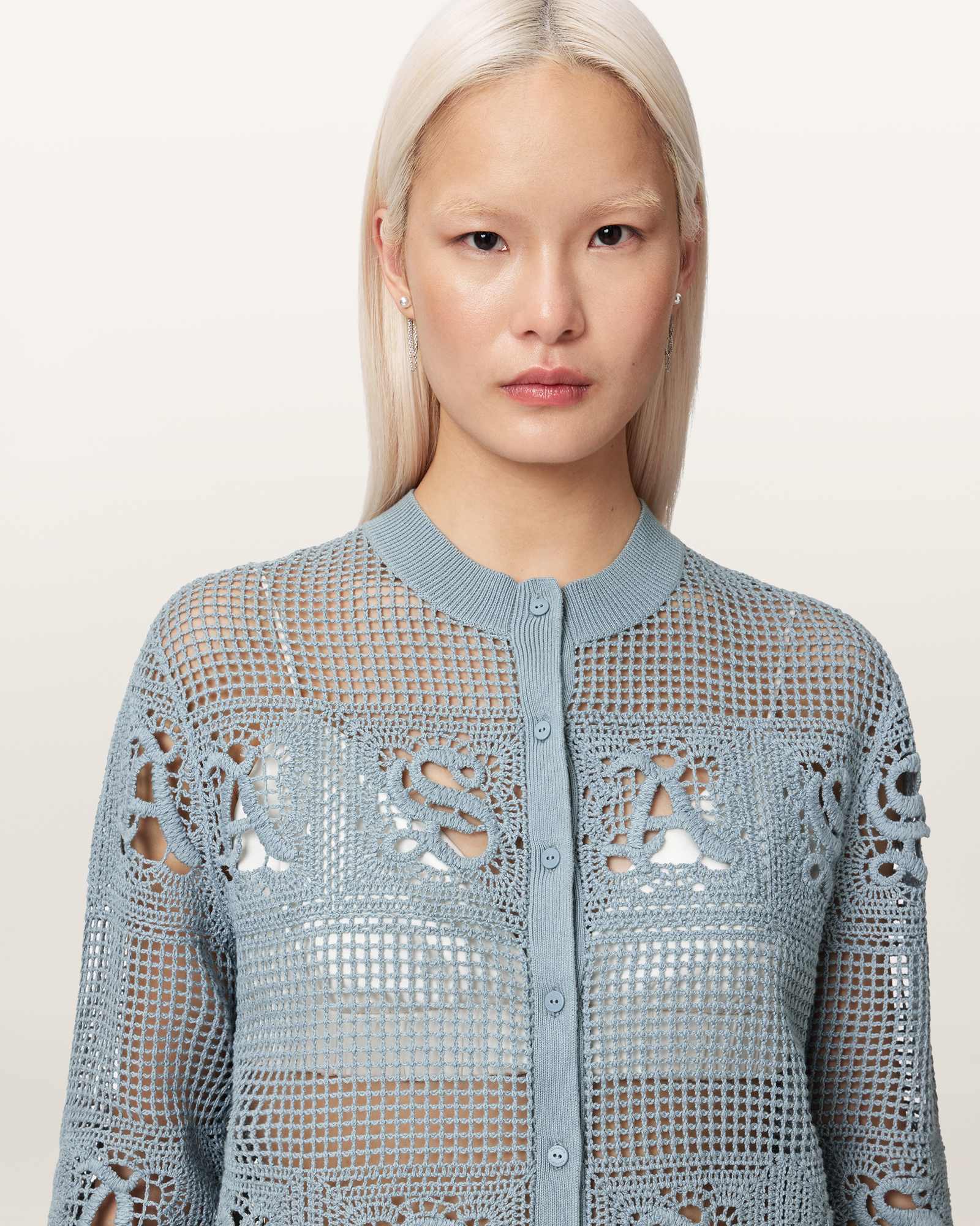 Kyra Open Knit Crochet Cardigan QUARRY BLUE | ALLSAINTS US