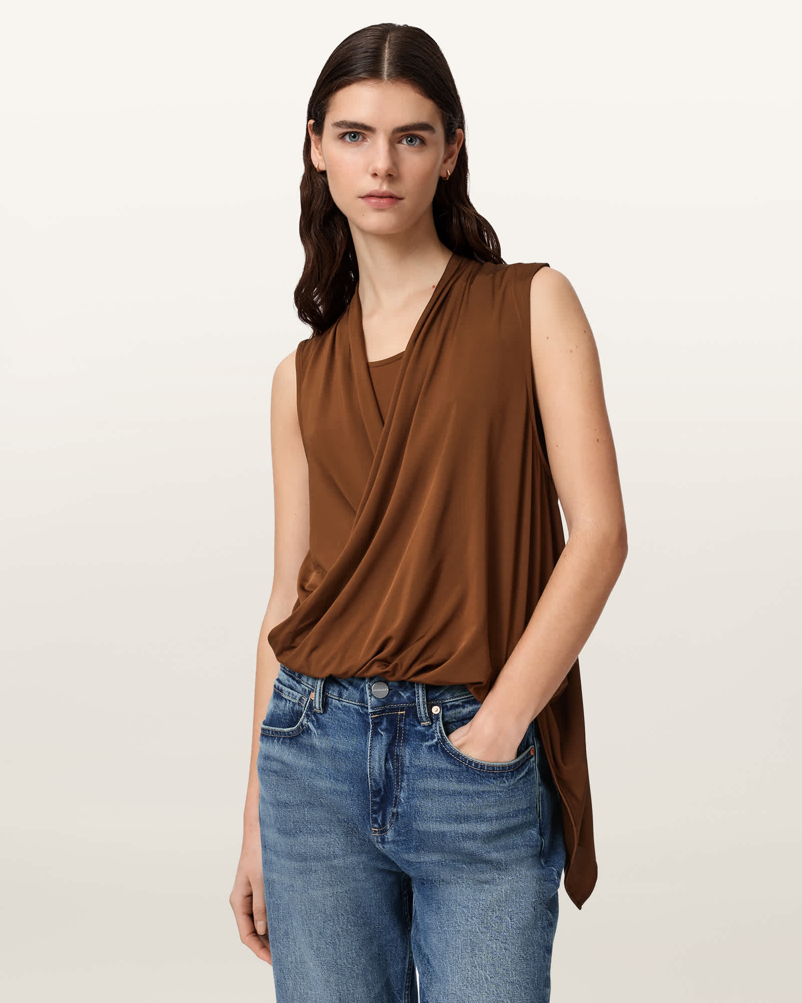 Adaline V-Neck Wrap Top COGNAC BROWN | ALLSAINTS US