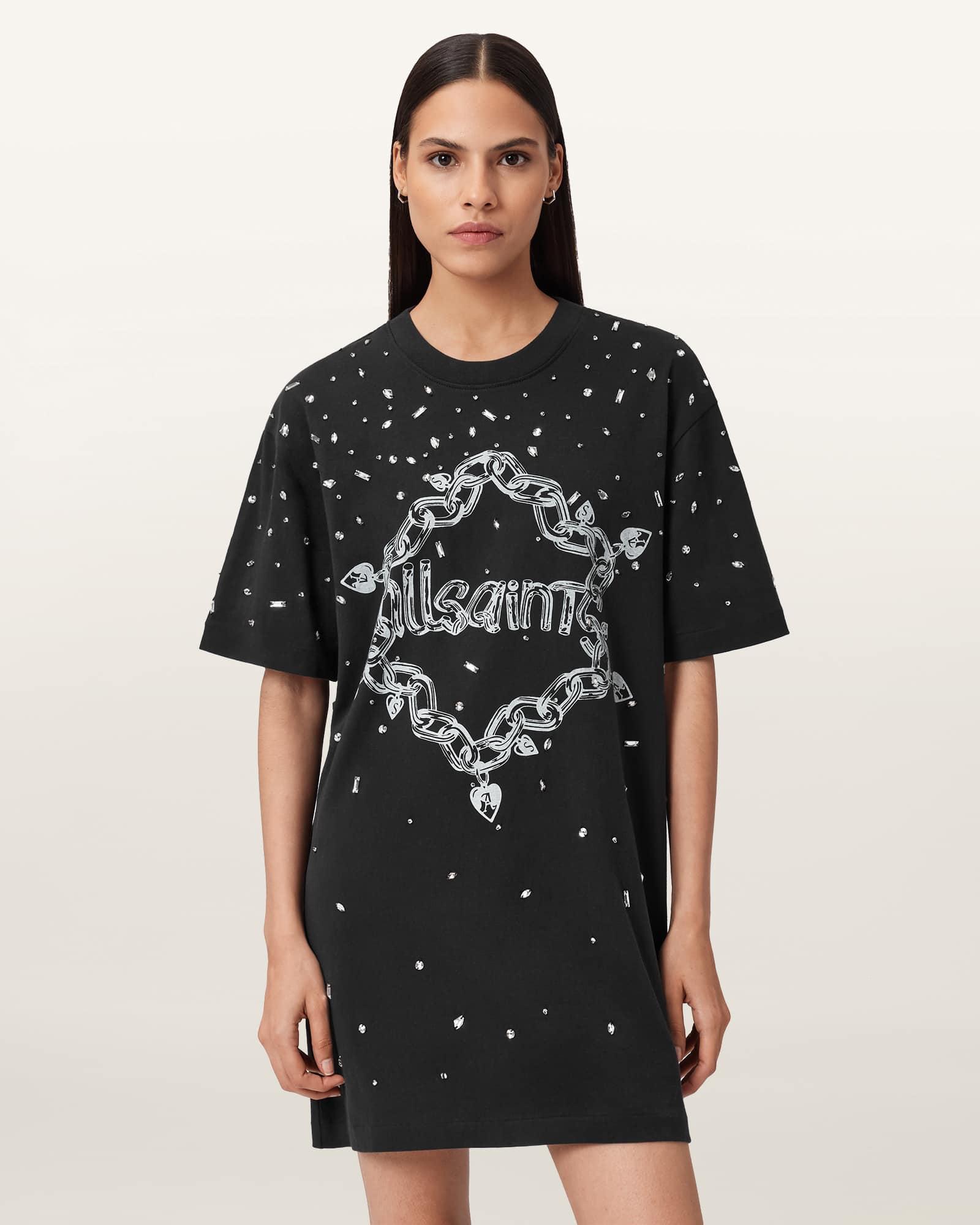 Drip Scatter Embellished Mini Dress Washed Black | ALLSAINTS