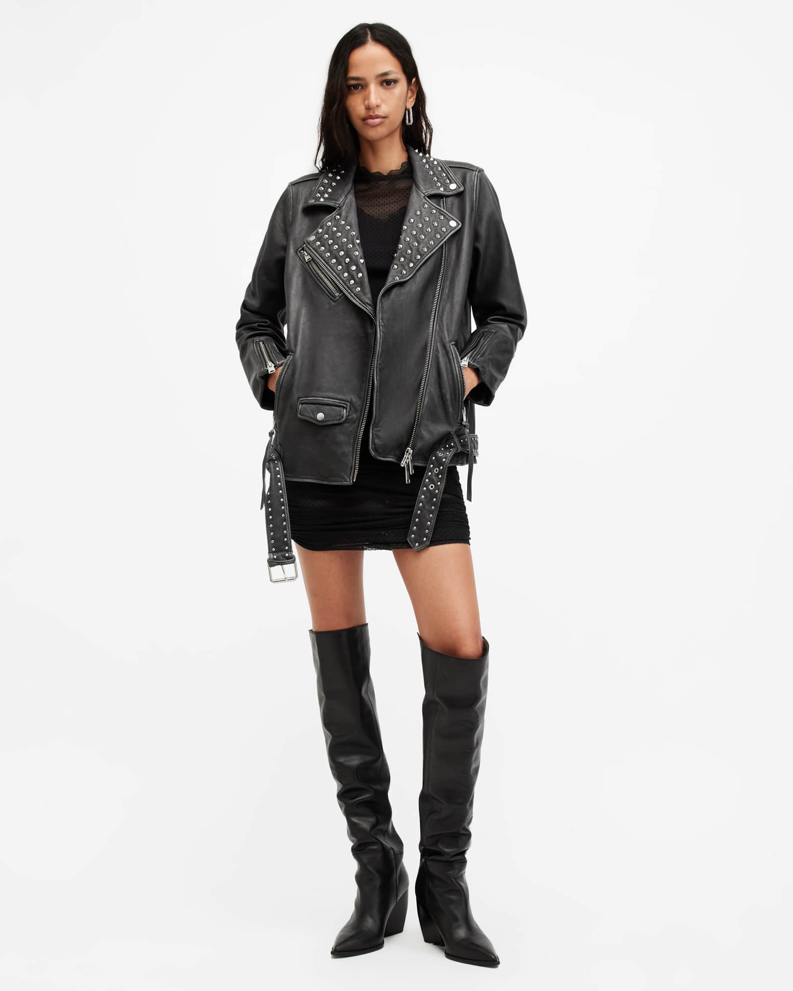 Billie Leather Conical Studded Jacket Black/Grey | ALLSAINTS