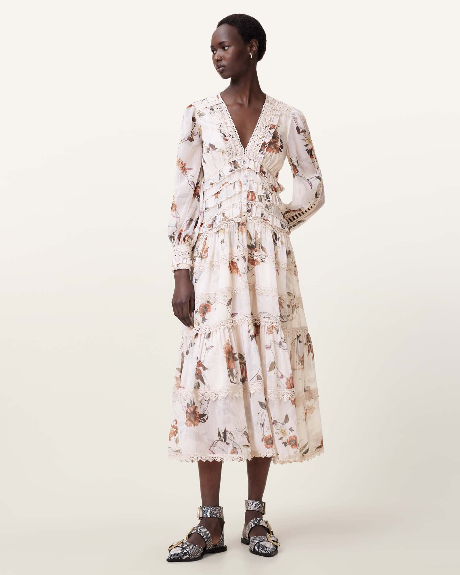 Zora Floral Ruffle Midi Dress UNITY ECRU WHITE | ALLSAINTS US