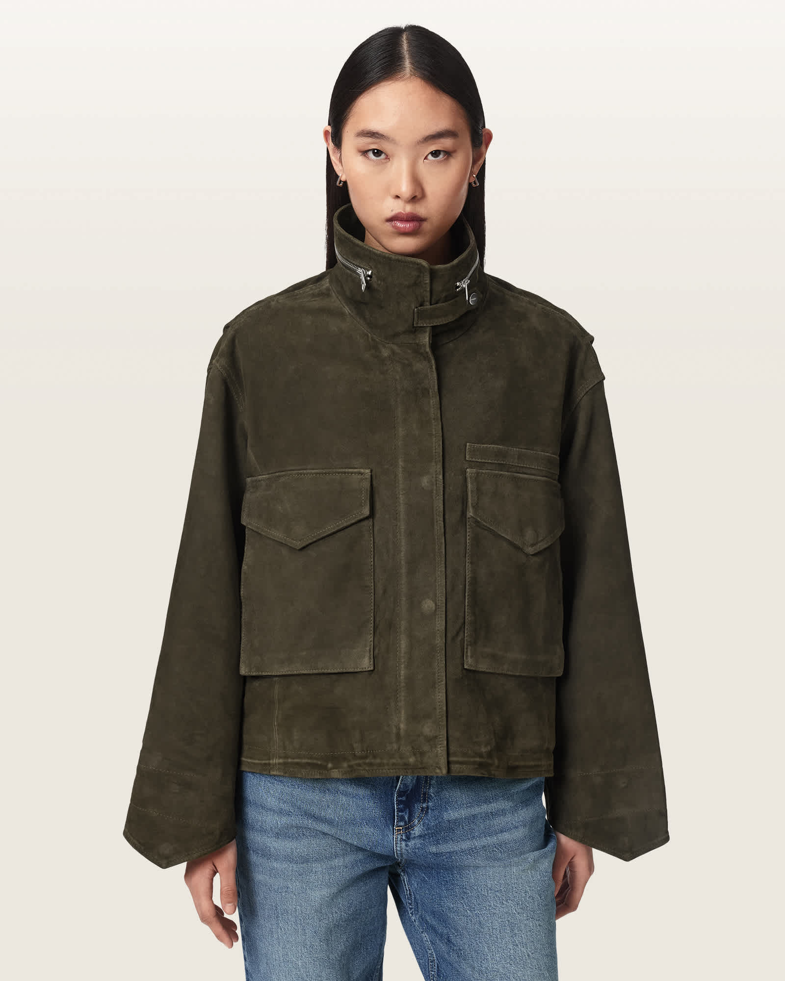 Clay Funnel Neck Suede Cropped Jacket KHAKI GREEN | ALLSAINTS Canada