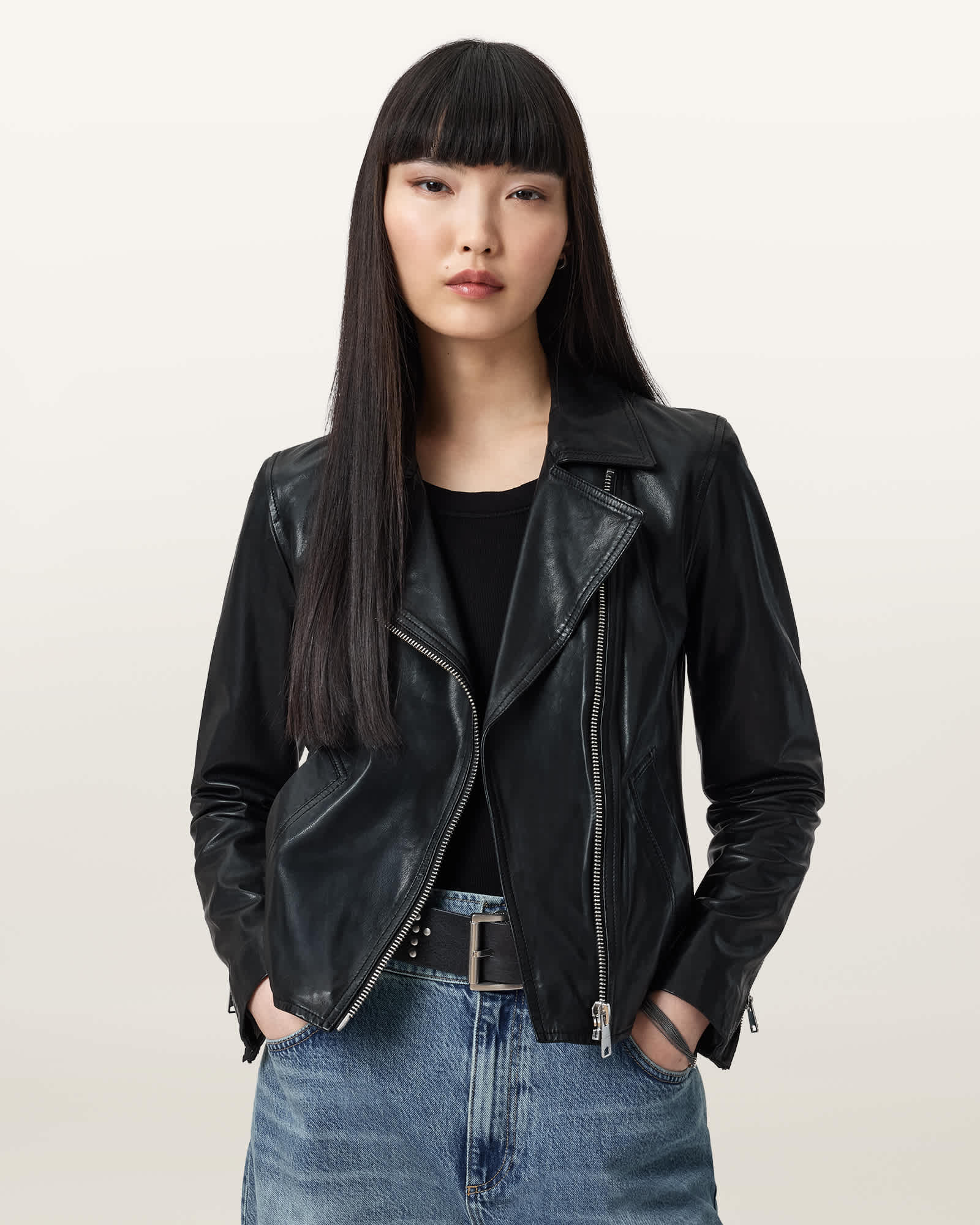 Vela Slim Fit Leather Biker Jacket Black | ALLSAINTS US